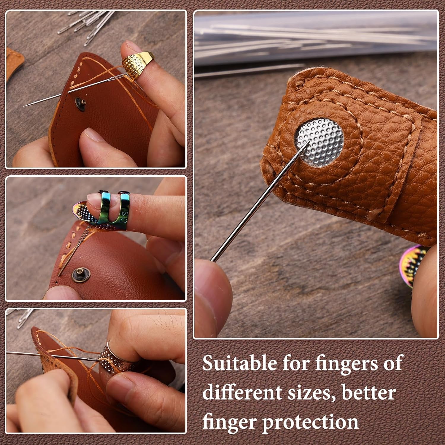 33Pcs Hand-Working Sewing Thimble Set, 23 PCS Large Eye Sewing Needles with Adjustable Metal Finger Shield Ring, Leather Coin Finger Protectors, Sewing Thimble Rings Cap for Knitting Quilting Craft