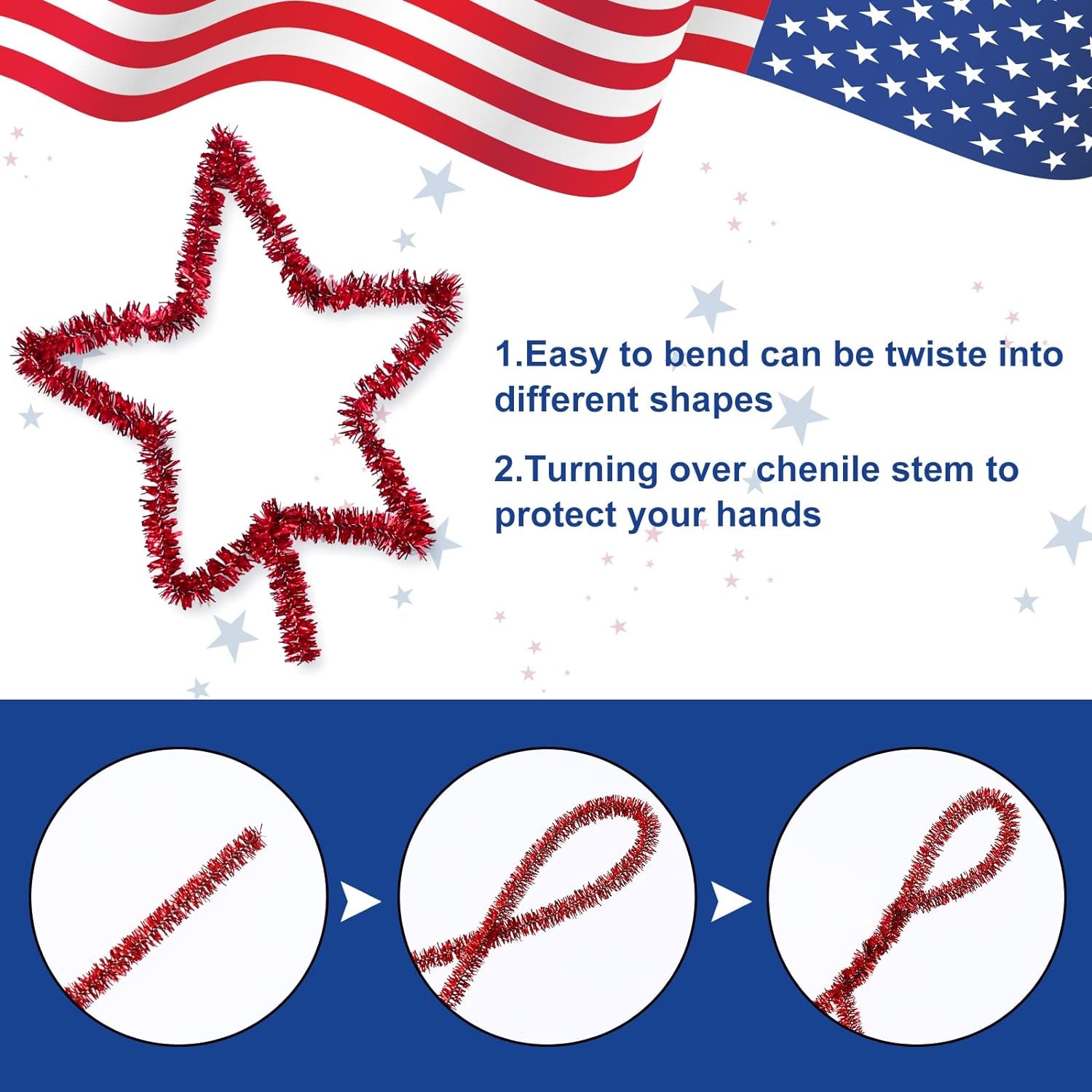 500Pcs Independence Day Pipe Cleaners Red White Blue Silver Colorful Pipe Cleaners Craft Supplies Glitter Chenille Stems for 4Th of July Patriotic Party DIY Art Craft Decorations
