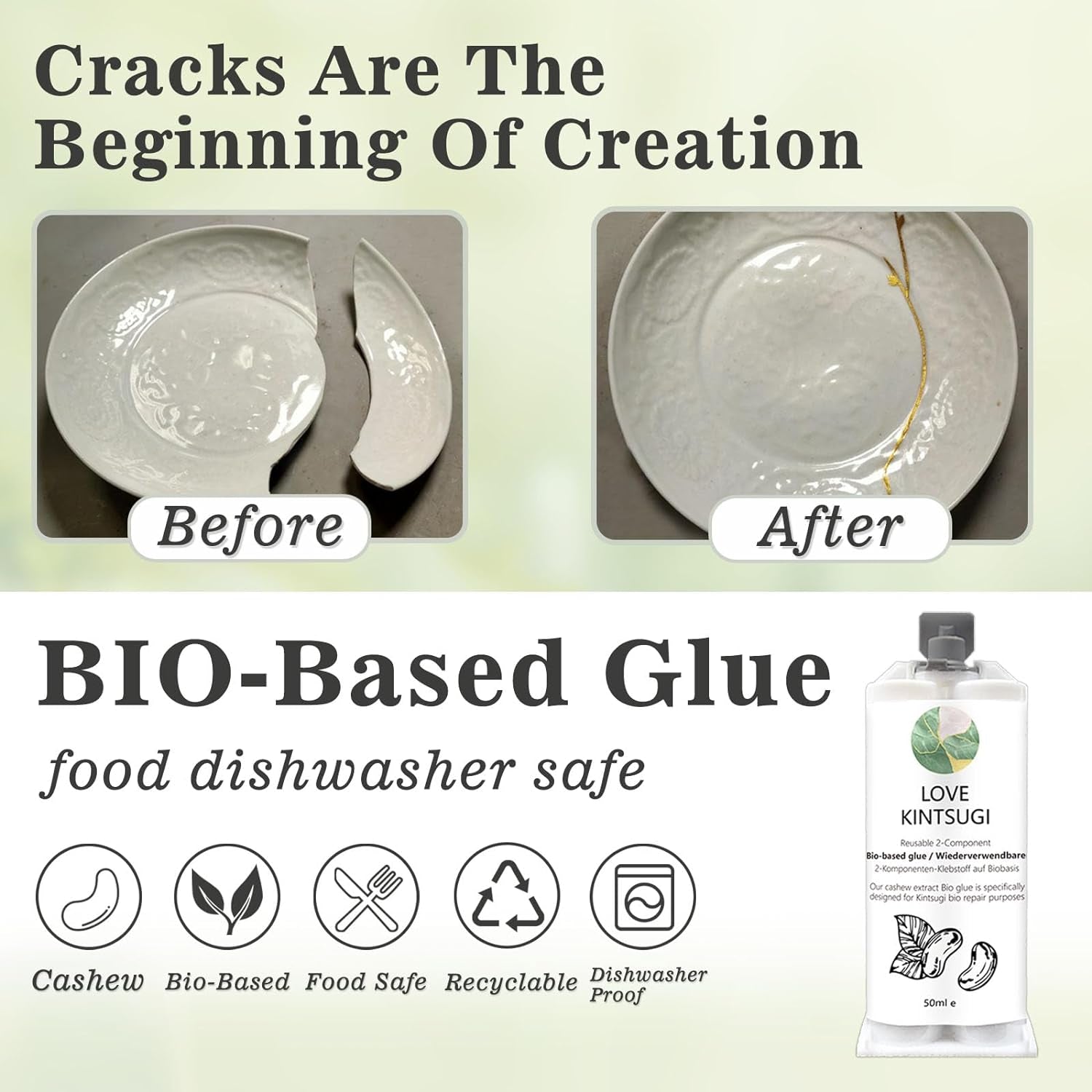 Kintsugi Repair Kit Food Safety, Japanese Gold Repair Kit, Bio Gold Glue for Ceramics and Porcelain Repair, Ceramic Repair Kit with Two Practice Cup Perfect for Beginners, Dishwasher Safety