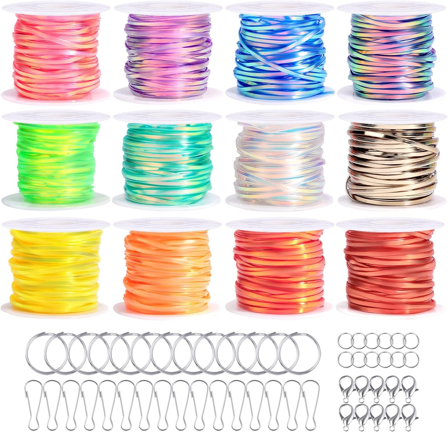Laser Reflective Lanyard String, 12 Rolls Plastic Lacing Cord with 20 Key Chain Rings, 20 Snap Clips and 10 Lobster Clips, Gimp String Kit for DIY Bracelets, Key Chain and Lanyards