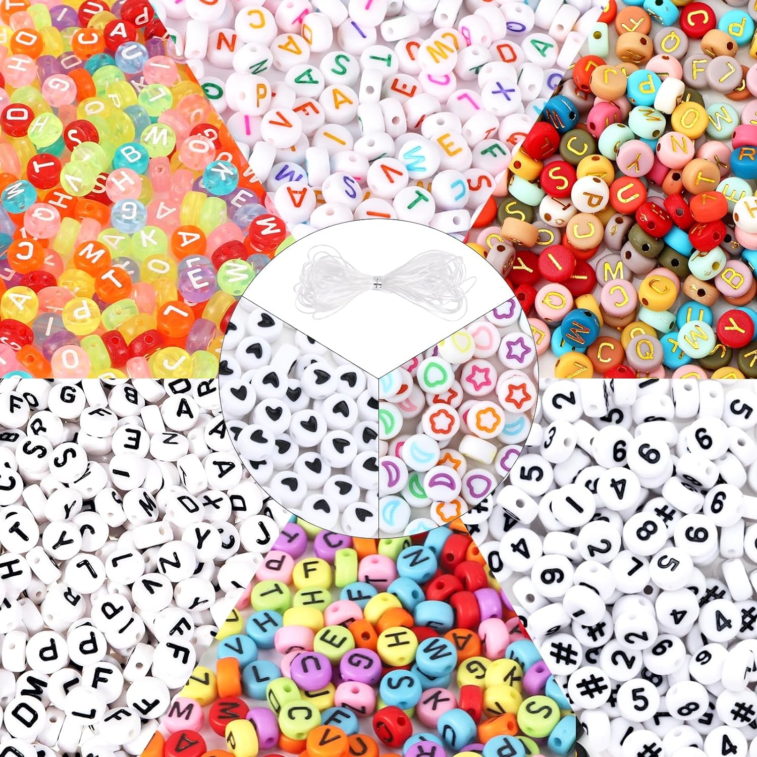 2000Pcs Letter Beads for Bracelets, 9 Color round Alphabet Number Beads with 1 Roll Elastic String for Bracelet Necklace Jewelry Making Supplies (7X4Mm)