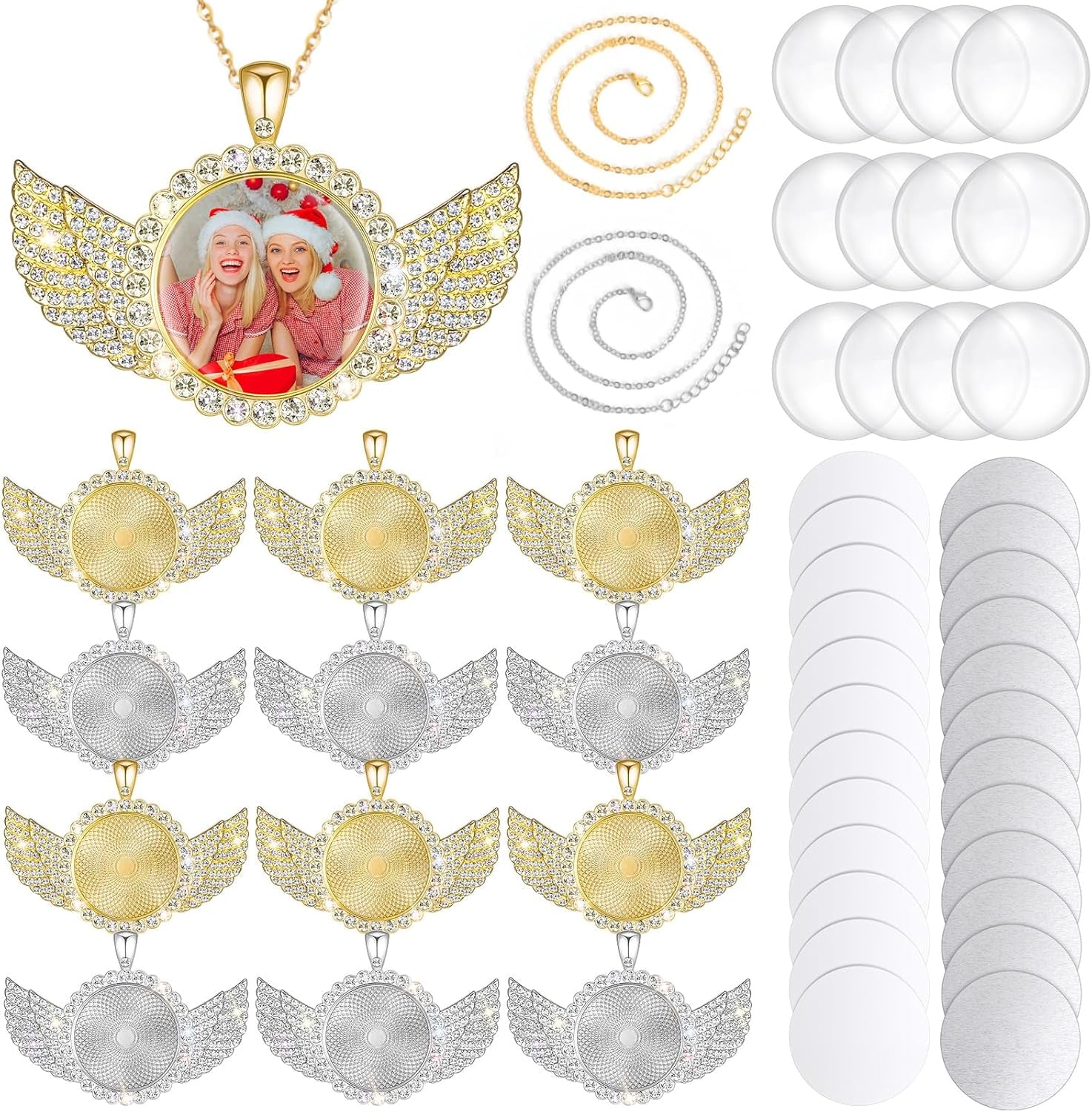 60 Pcs Sublimation Angel Wing Jewelry Blanks Set Rhinestone Bezel Pendant Trays Glod and Silver Sublimation Necklace Blank with Chain Set for Making Crafts Wedding Jewelry Gifts