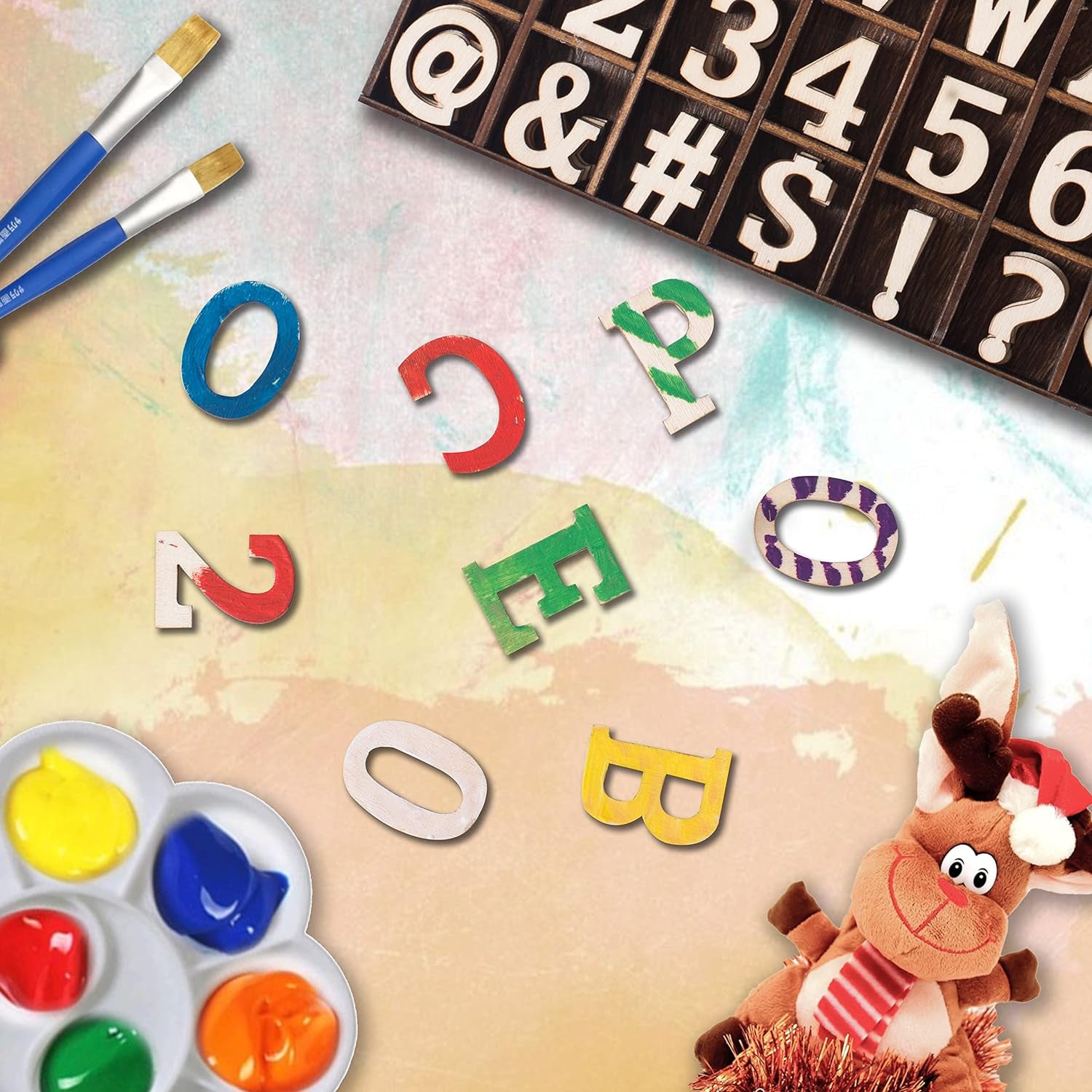 270 Pieces 1 Inch Wood Alphabet Letters Wooden Numbers Mini Blank Wood Symbols Unfinished Wood Heart Star Paw with Rustic Storage Tray for Home Decor Spelling Education Homemade Crafts Party Gifts