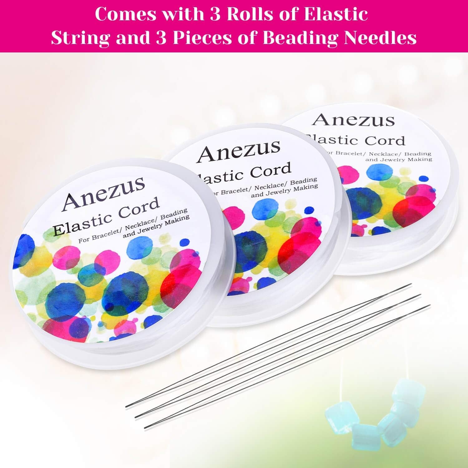 Stretchy String for Bracelets,  3 Rolls Elastic String Jewelry Bead Cord with 3Pcs Large Eye Beading Needles for Pony Seed Beads, Bracelets and Jewelry Making
