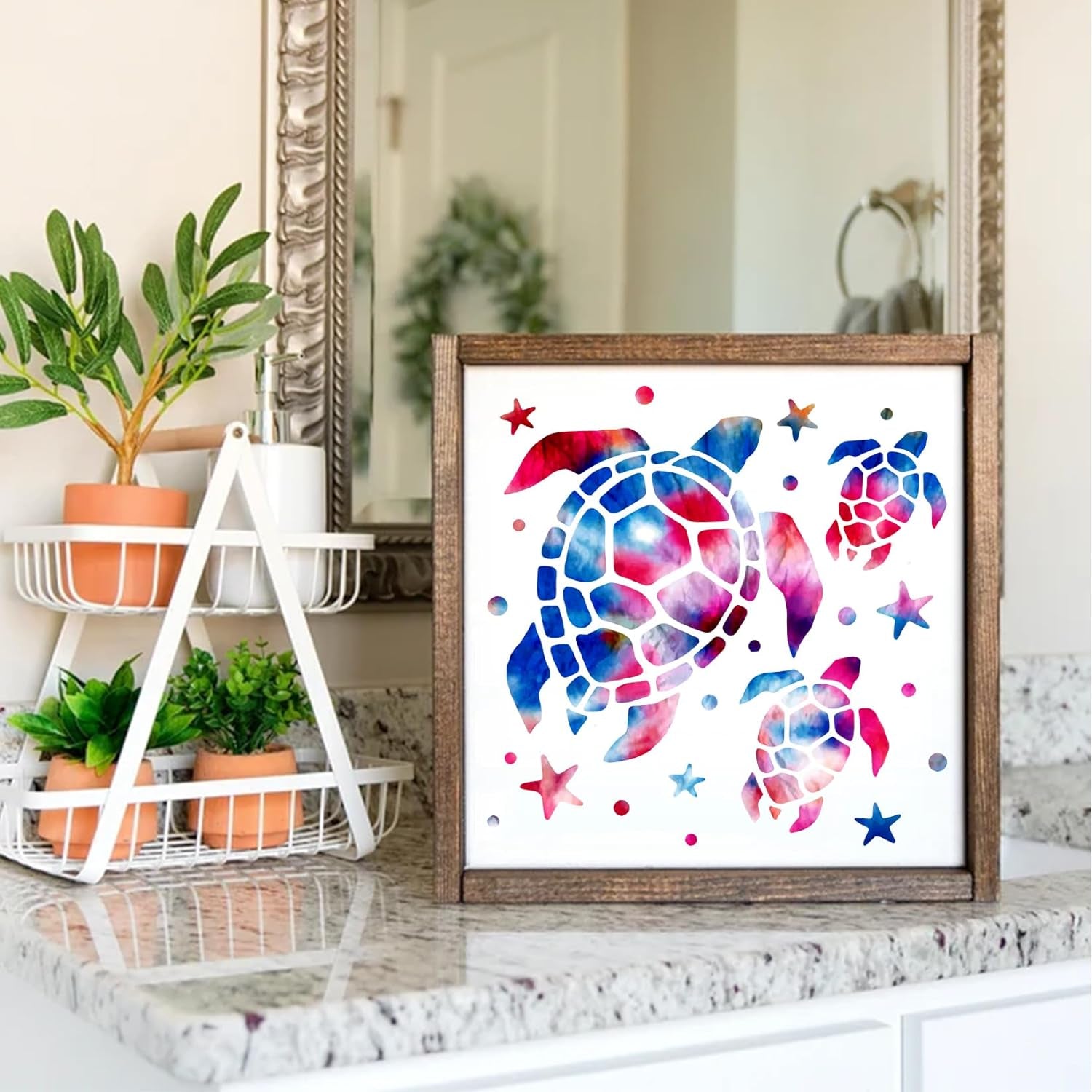 Ocean Stencils for Painting on Wood Turtle Seahorse Starfish Jellyfish Templates for Art Crafts Plastic Reusable Wood Burning Stencils for Wall Canvas (Sea)