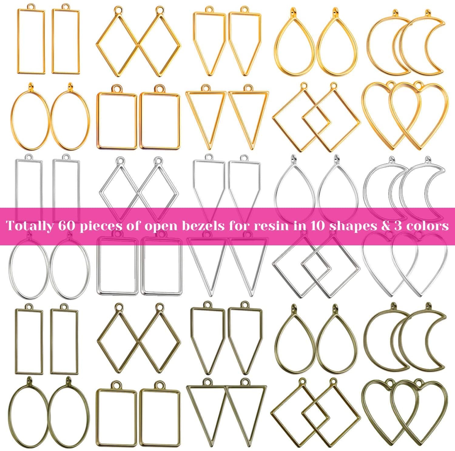 Open Bezels for Resin,  60Pcs Hollow Frame Pendants Resin Craft Bezels Jewelry Molds for Resin Casting, Necklaces Earrings Making Supplies