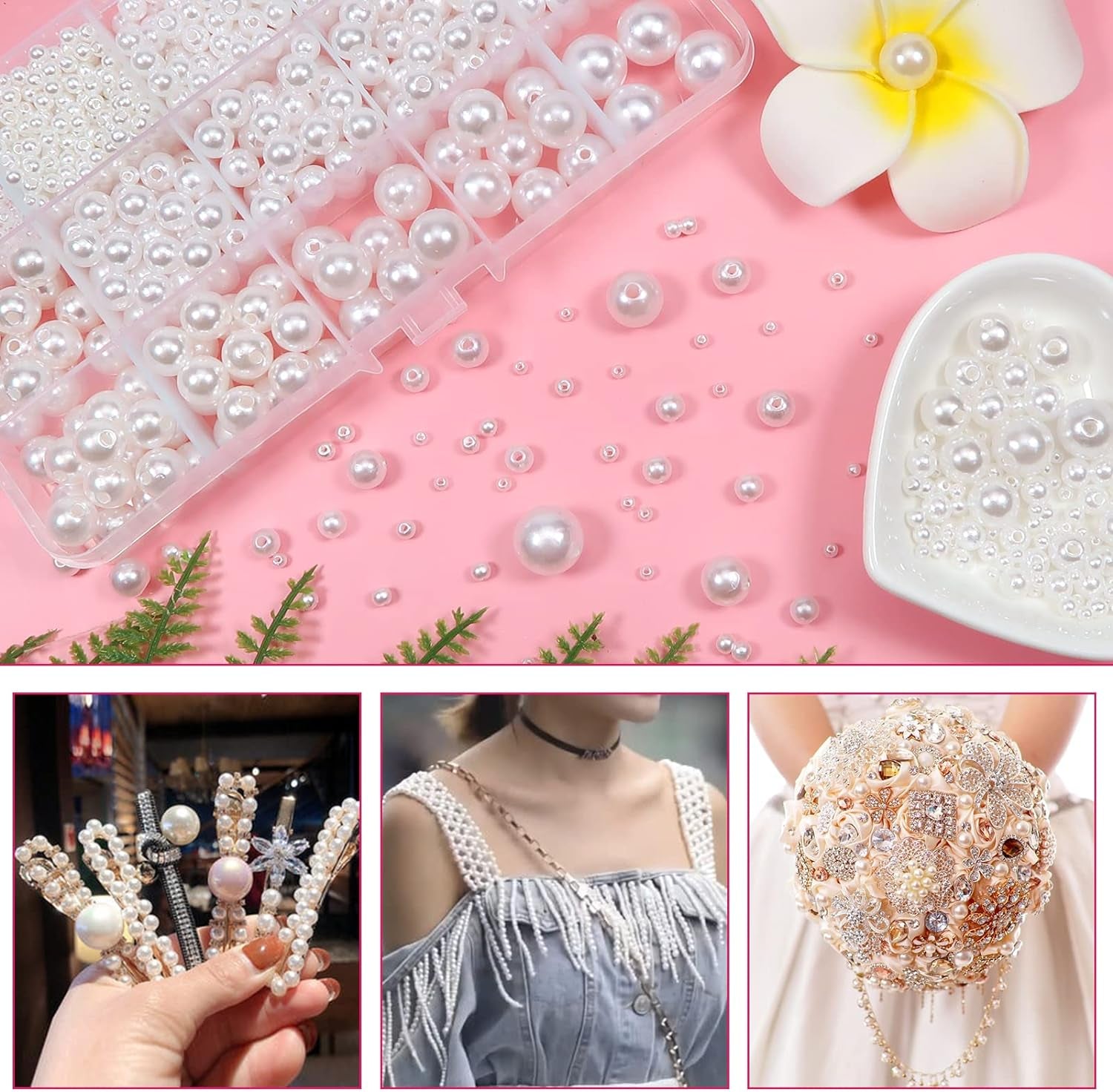 1400Pcs White Pearl Beads for Jewelry Making 3Mm to 14Mm Plastic Pearl Beads Loose round Faux Pearl Beads with Holes for DIY Crafts Earring Necklace Vase Filler and Home Decoration