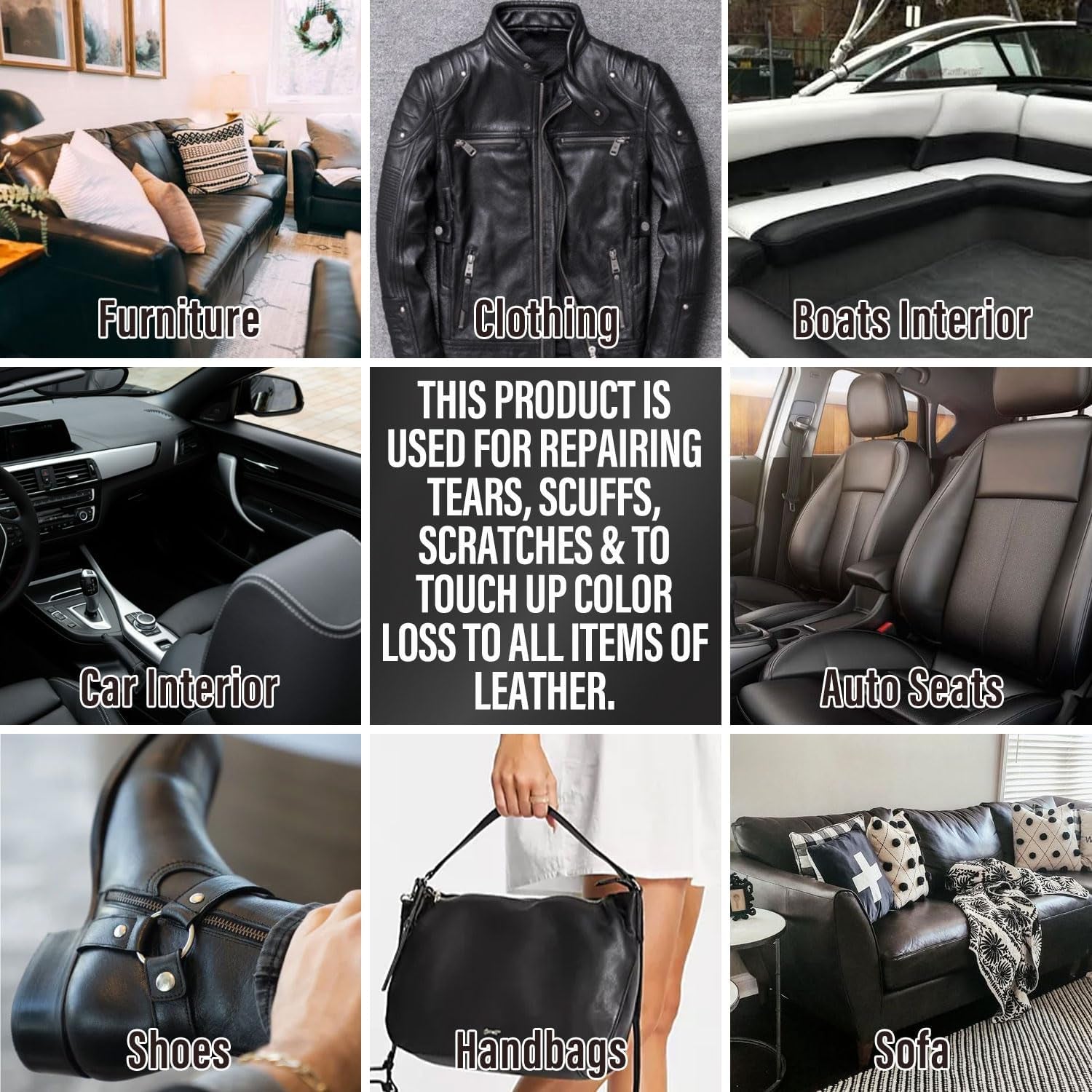Black Leather Repair Kit for Car Interior, Leather Seat Repair Kit for Cars, Vinyl Repair Kit Repairs Tears &amp; Burn Holes from Furniture, Jacket, Chair, Sofa and Purse, with Color Matching Guide
