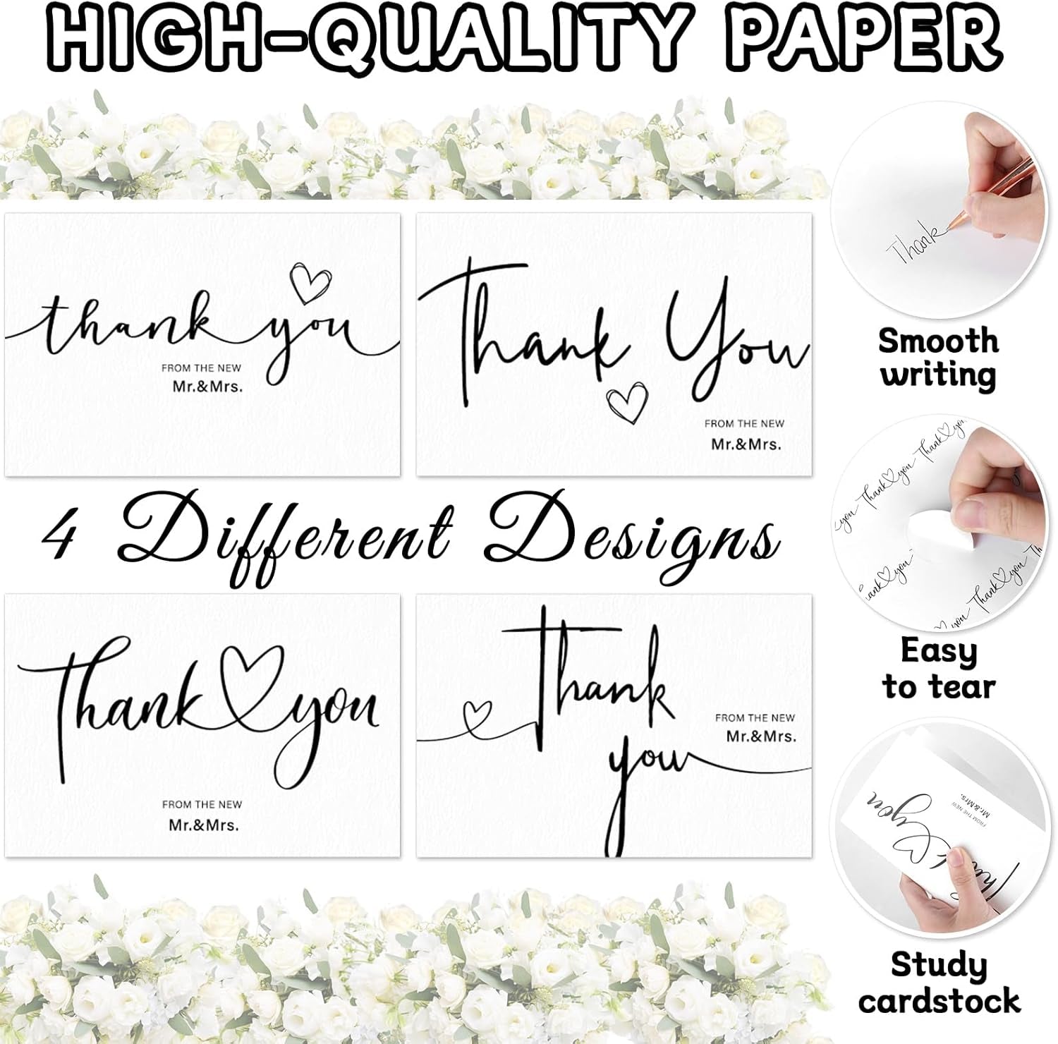 50Sets Wedding Thank You Cards with Envelopes and Stickers 4 Designs Mr and Mrs Thank You Notes Bulk Wedding Gift Cards Thank You Cards for Guests Wedding Party Decor Supplies 6 X 4 Inch