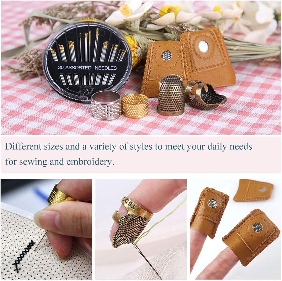 8 Pcs Sewing Thimble + 30 Pcs Sewing Needles, Finger Protector Fingertip Thimble Adjustable Metal Bronze Sewing Thimble Rings and Leather Coin Thimble for Needlework, Hand Embroidery Craft