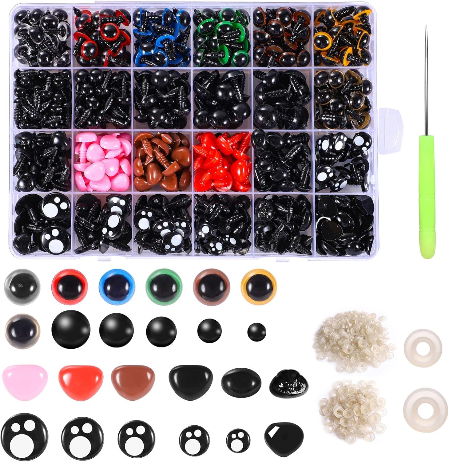 1060 Pcs Safety Eyes and Noses for Amigurumi, 6-16 Mm Colorful Safety Eyes with Washer Plastic Stuffed Crochet Eyes Craft Doll Eyes for Stuffed Animals Crochet Toy Christmas Stocking Stuffers