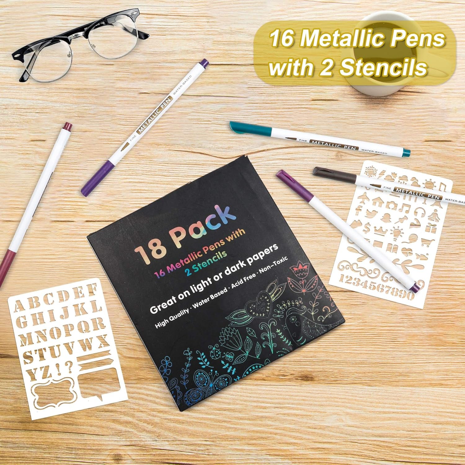 18 Pack Metallic Marker Pens,  16 Colors Fine Tip Paint Pens with 2 Stencils for DIY Craft Photo Album Rock Art Painting Card Making Glass Wood