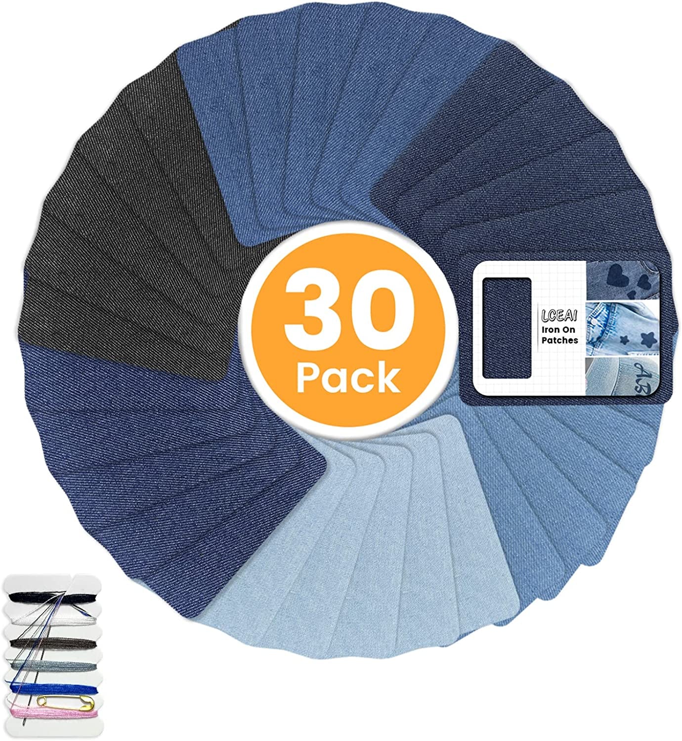 30-Piece Iron on Patches for Jeans, Denim Patches for inside Jeans Pure Cotton, 6 Shades of Blue Iron on Jean Patches for inside Jeans & Clothing Repair, Size 3"X4-1/4"(7.6Cm X 10.8Cm)