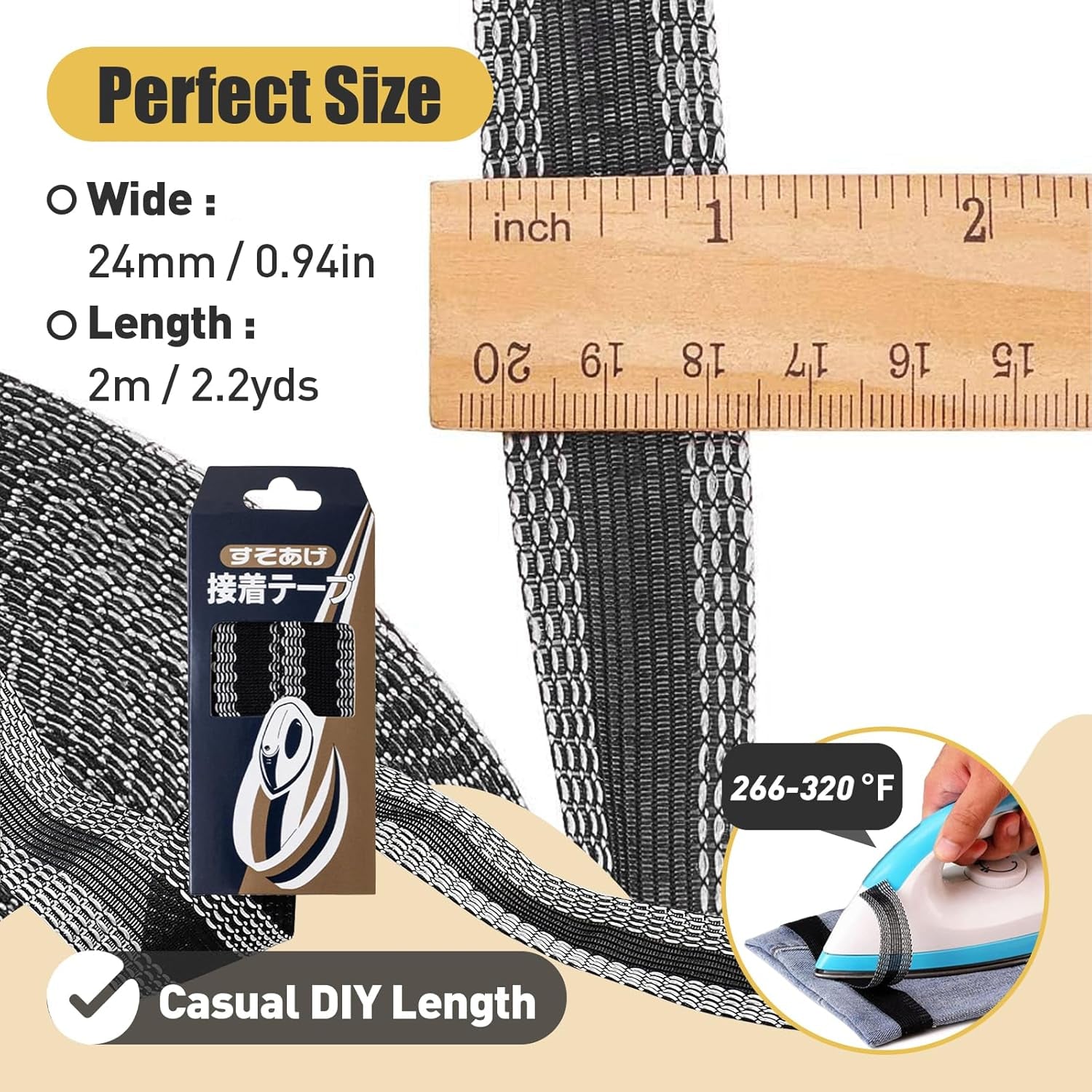 Hem Tape for Pants 2M (0.94Inch X 2.2Yds) Iron-On Instant Hem Tape, Permanent No Sew Hemming Tape, Washable Hem Adhesive Tape, Black Iron on Pants Shortening Tape, Hem Fabric Tape