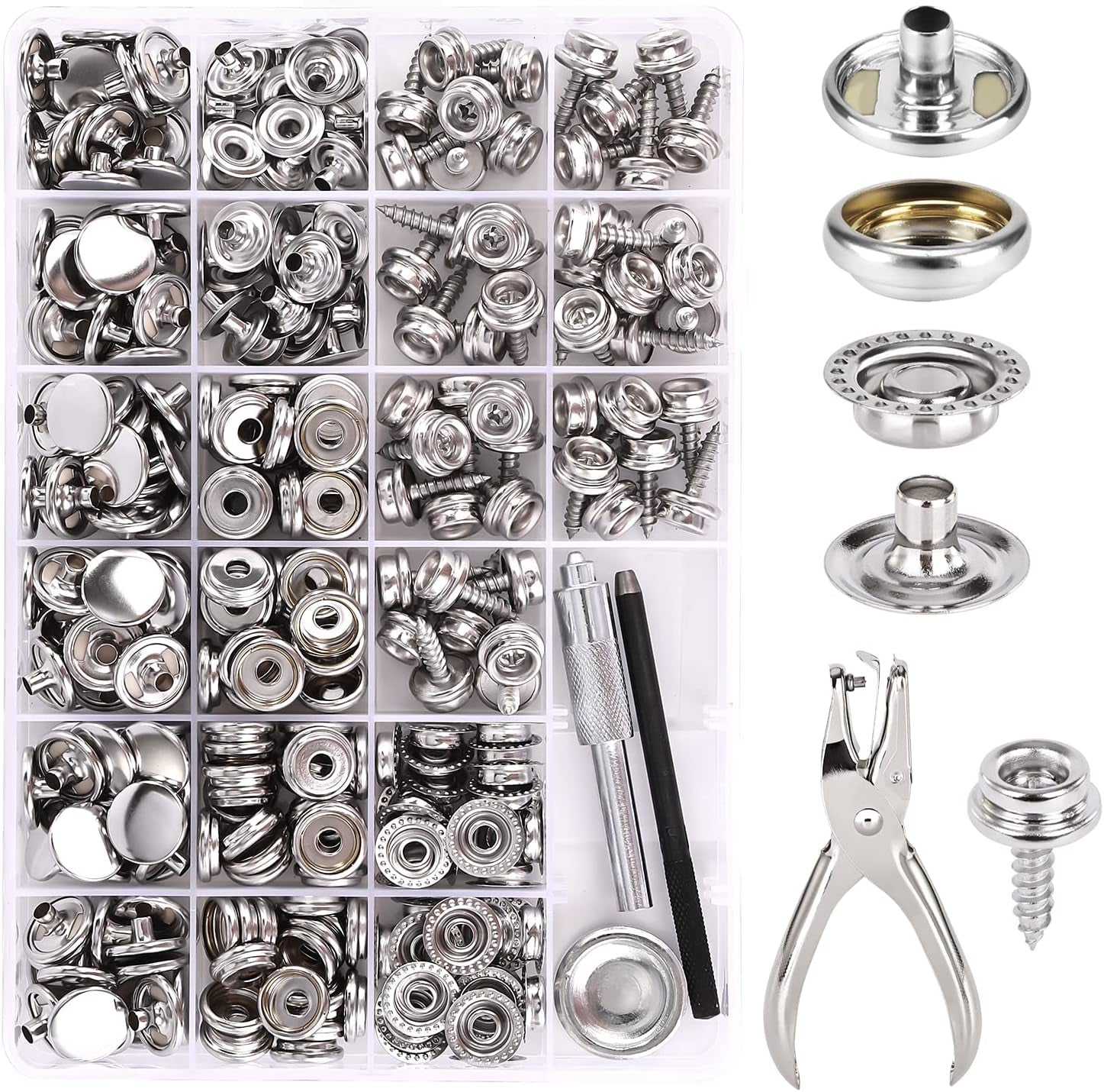 Canvas Snap Kit,  Marine Grade Stainless Steel Snaps, Screw Snaps,Boat Cover Snaps, Carpet Snap Kit with Setting Tool for Boat Cover Furniture (Silver-314Pcs)