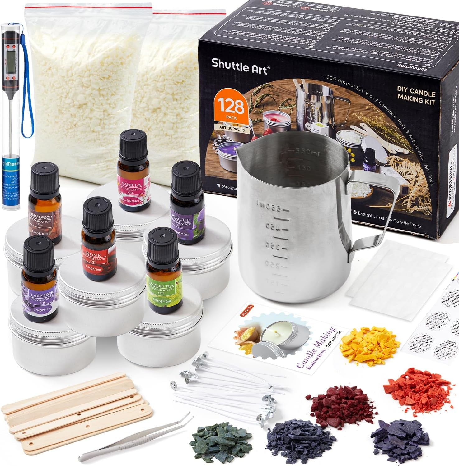 Candle Making Kit, DIY Candle Making Supplies with Candle Jars, Soy Wax, Candle Wicks, Color Dyes, Fragrance Oil and Capacity Pot, Candle Making Arts and Crafts for Adults and Beginners