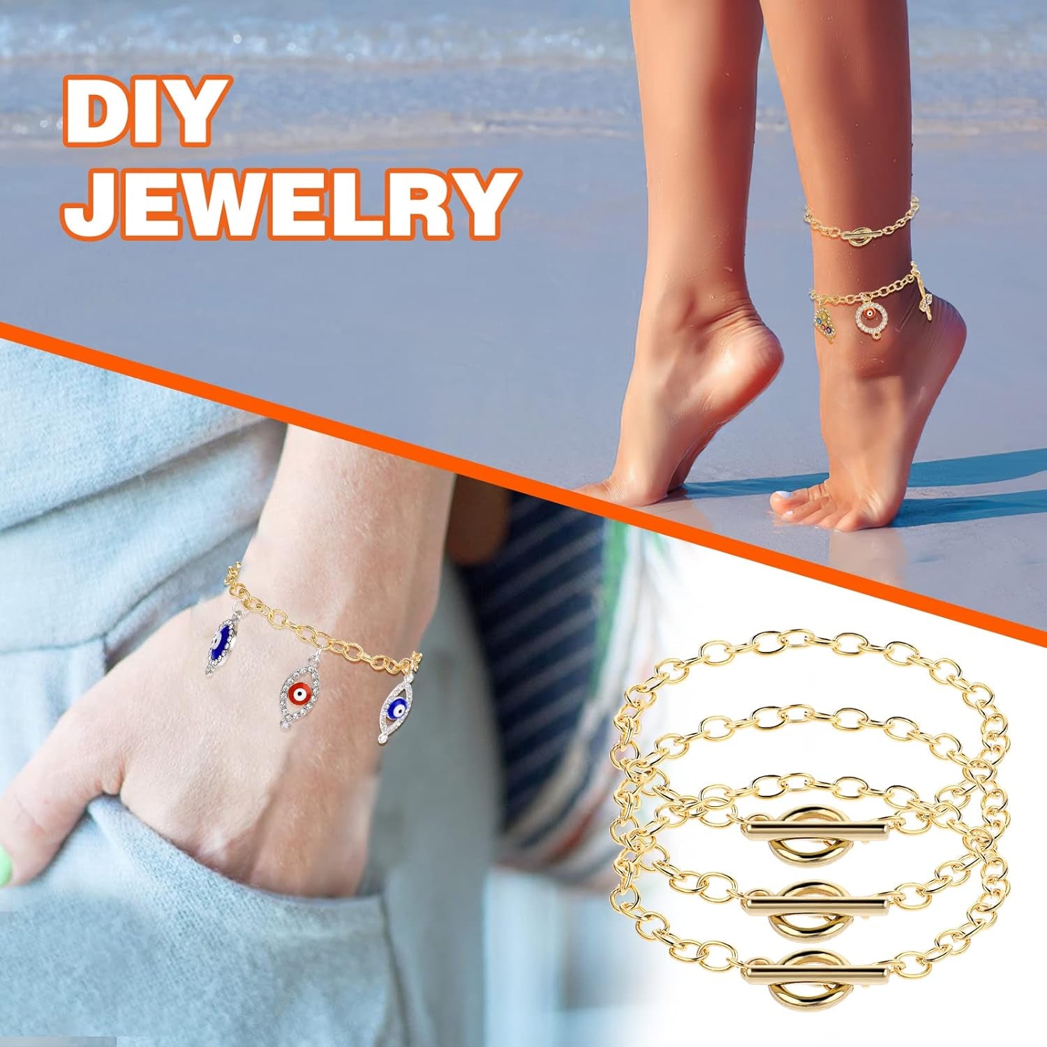 12 Pcs Bracelet Chains for Jewelry Making, Chain Bracelet for Women, Link Chain Bracelets with OT Toggle Clasp, Charm Bracelets for Jewelry Making (Gold)