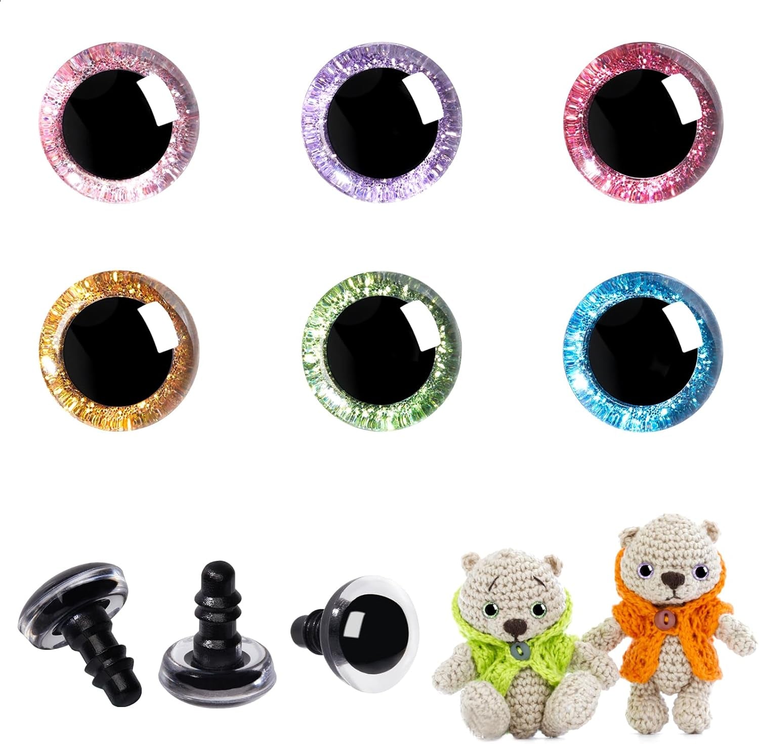 120Pcs 16Mm 3D Glitter Plastic Safety Eyes for Amigurumi Trapezoid Craft Crochet Doll Eyes with Washers Stuffed Animal Eyes for DIY of Puppet, Bear Plush Animal(6 Colors)