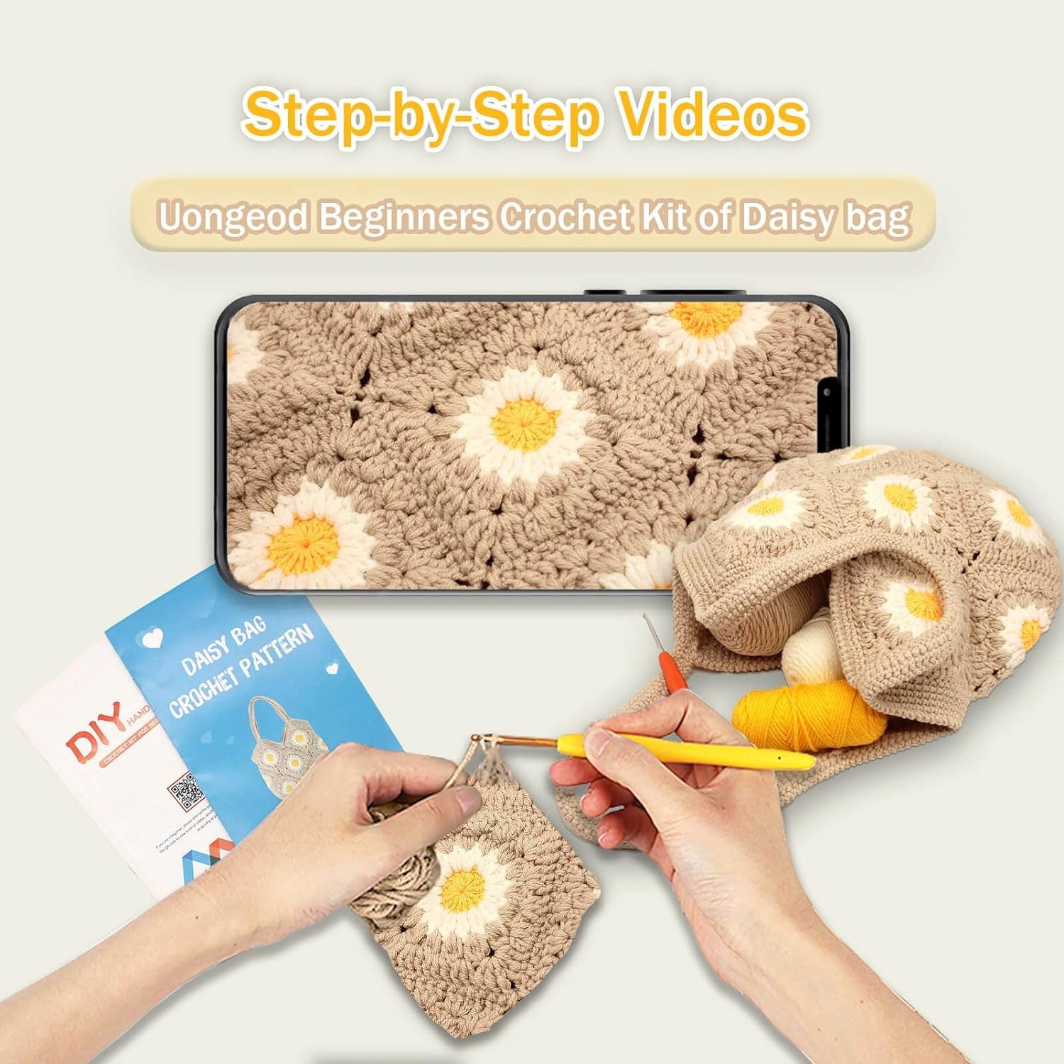 Crochet Kit for Beginners Daisy Tote Bag DIY Knitting Kits of Daisy Tote Bag with Step-By-Step Video Tutorials Crochet Kit Beginners for Adults and Kids