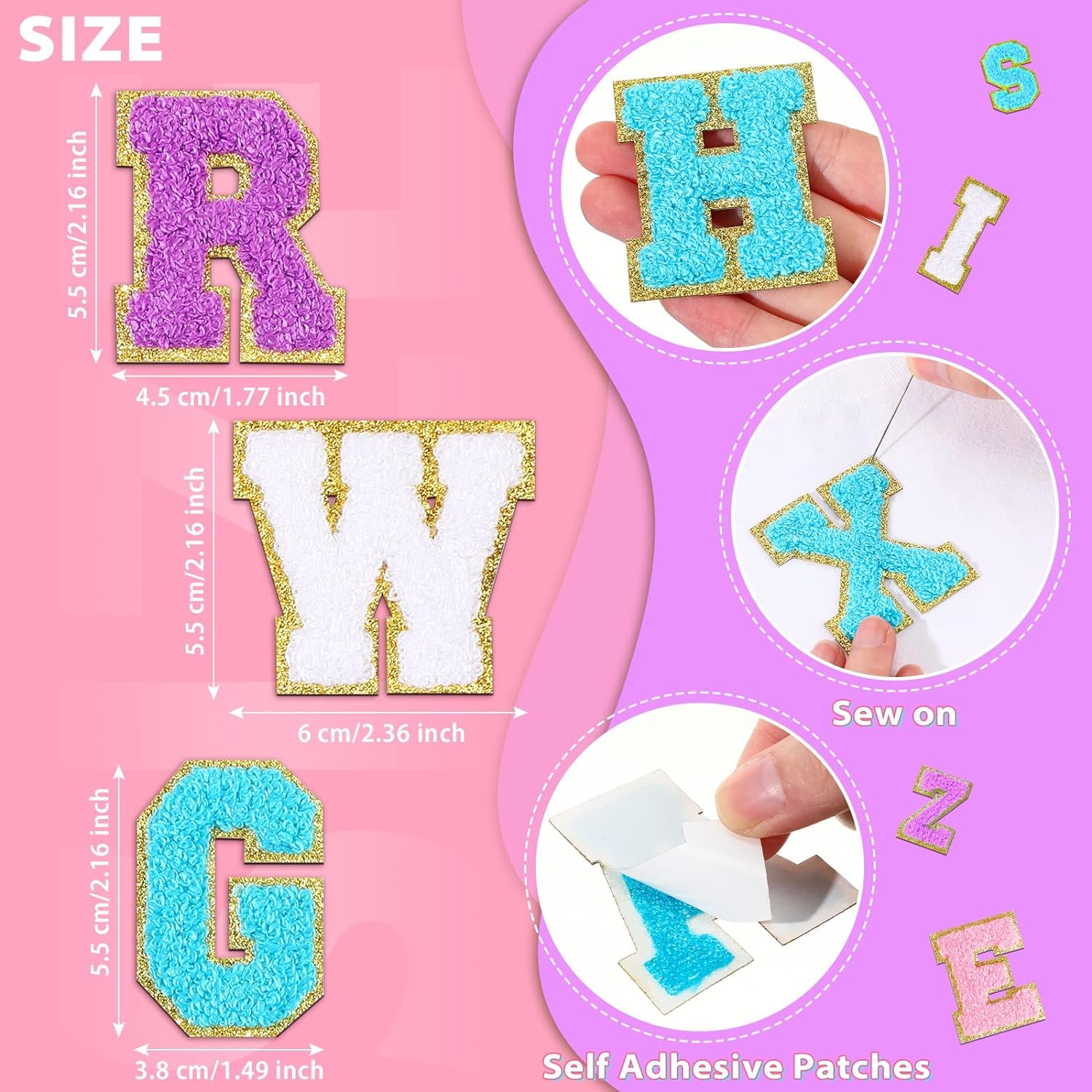104 Pcs Chenille Letter Patches Self Adhesive Letters Letter Patches Self Adhesive Chenille Patches Chenille Embroidered Patch for Clothing (White, Pink, Purple, Blue,Classic)