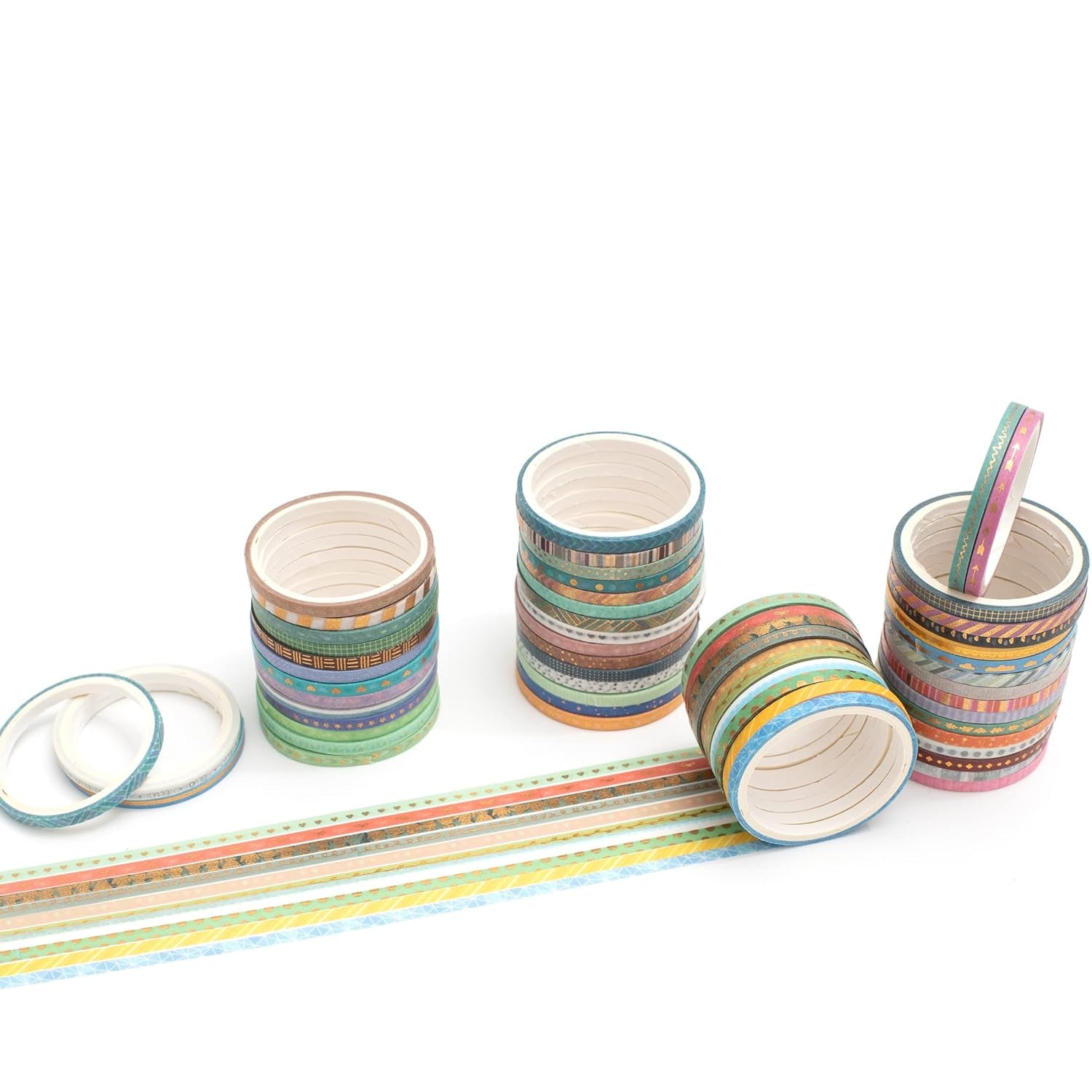 60 Rolls Skinny Washi Tape Set Gold Foil Masking Thin Basic Patterns Decorative Tapes for Arts, DIY Crafts, Journals, Planners, Scrapbook, Wrapping