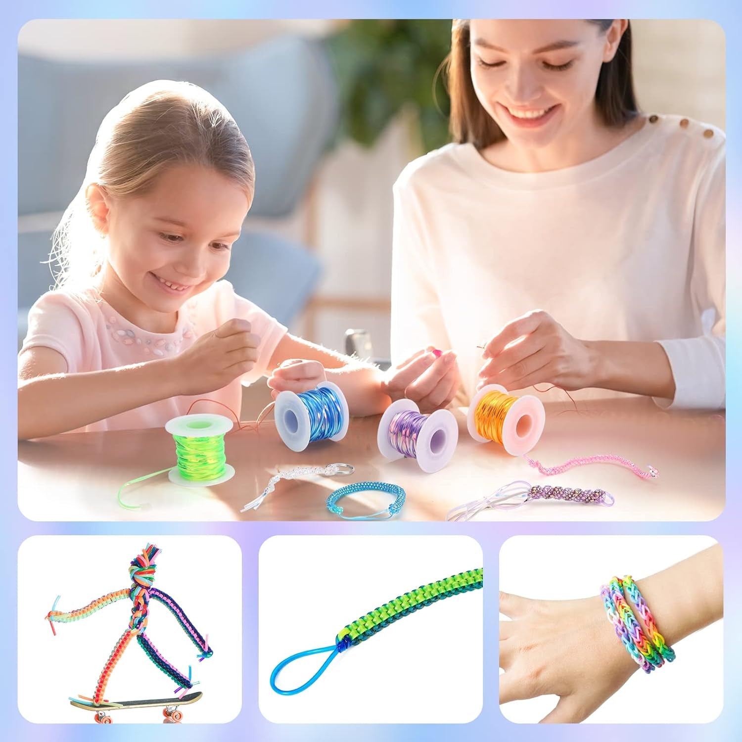 Laser Reflective Lanyard String, 12 Rolls Plastic Lacing Cord with 20 Key Chain Rings, 20 Snap Clips and 10 Lobster Clips, Gimp String Kit for DIY Bracelets, Key Chain and Lanyards