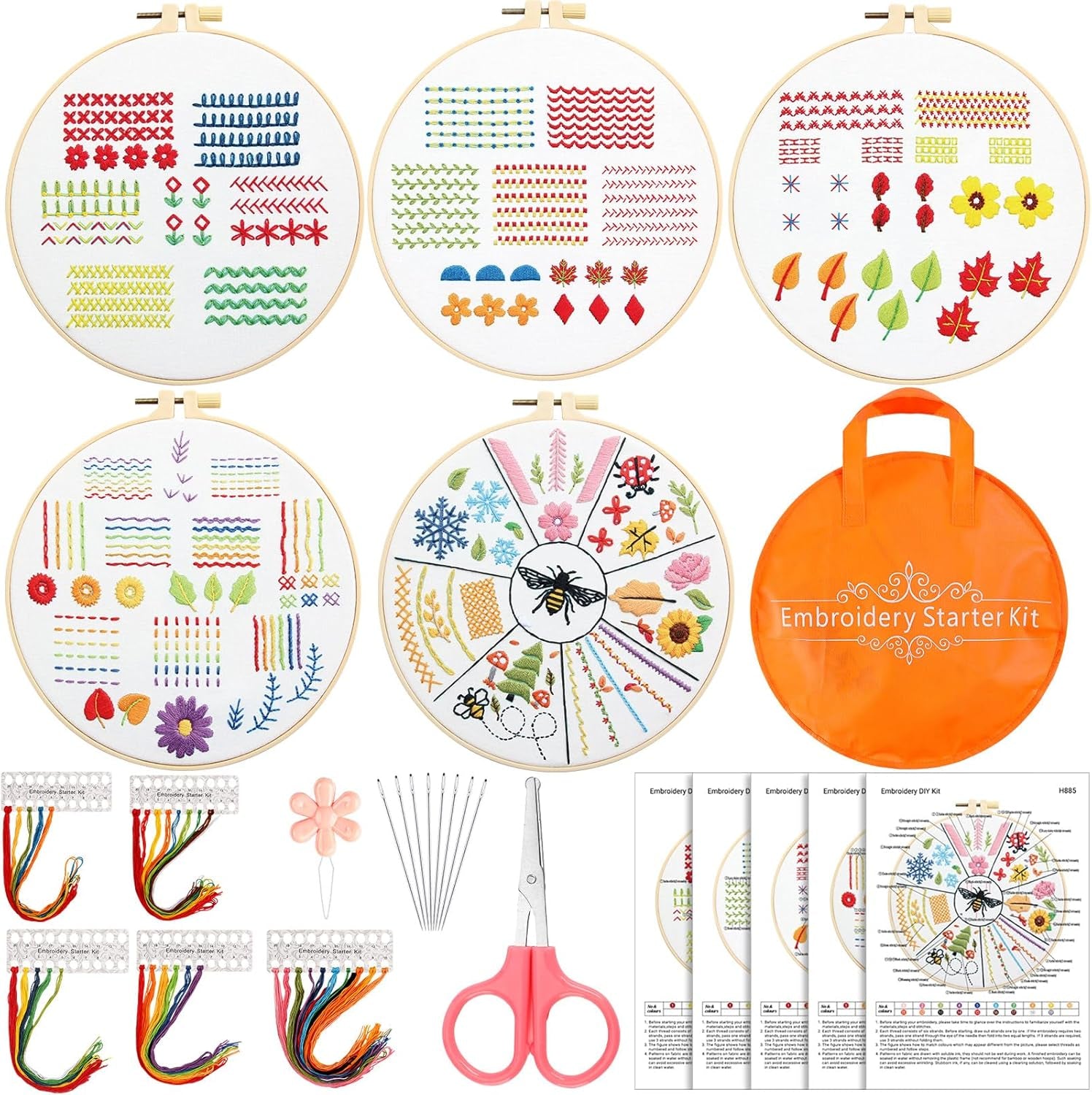 5 Set Embroidery Stitches Practice Kit, Embroidery Kit for Beginners with Embroidery Patterns, Beginner Embroidery Kit, Embroidery Kits for Adults, Hand Embroidery Kit for Kids