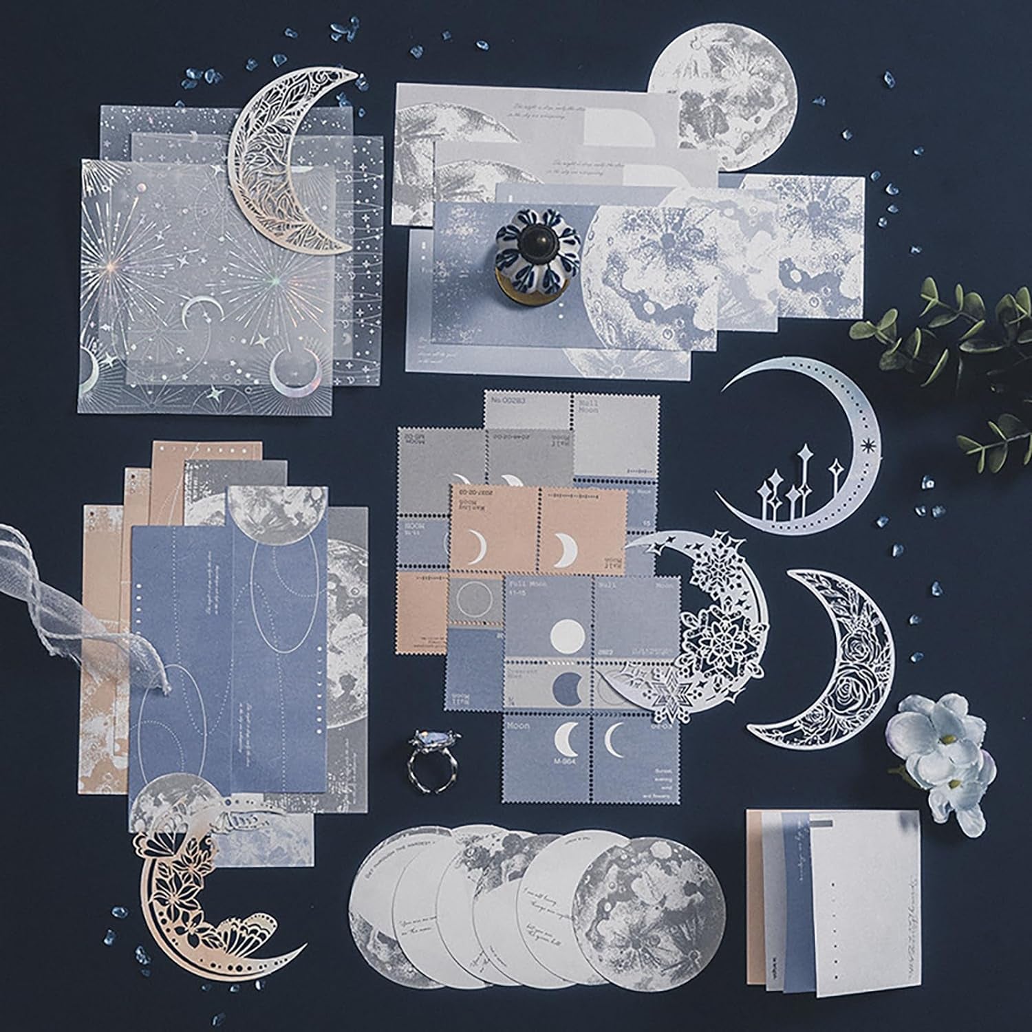 63PCS Moon Embellishment Scrapbook Paper Packs for Journaling Supplies, Material Papers Memos Stamps Cards for Journals Planners Aesthetic DIY Art Crafts Collage Album