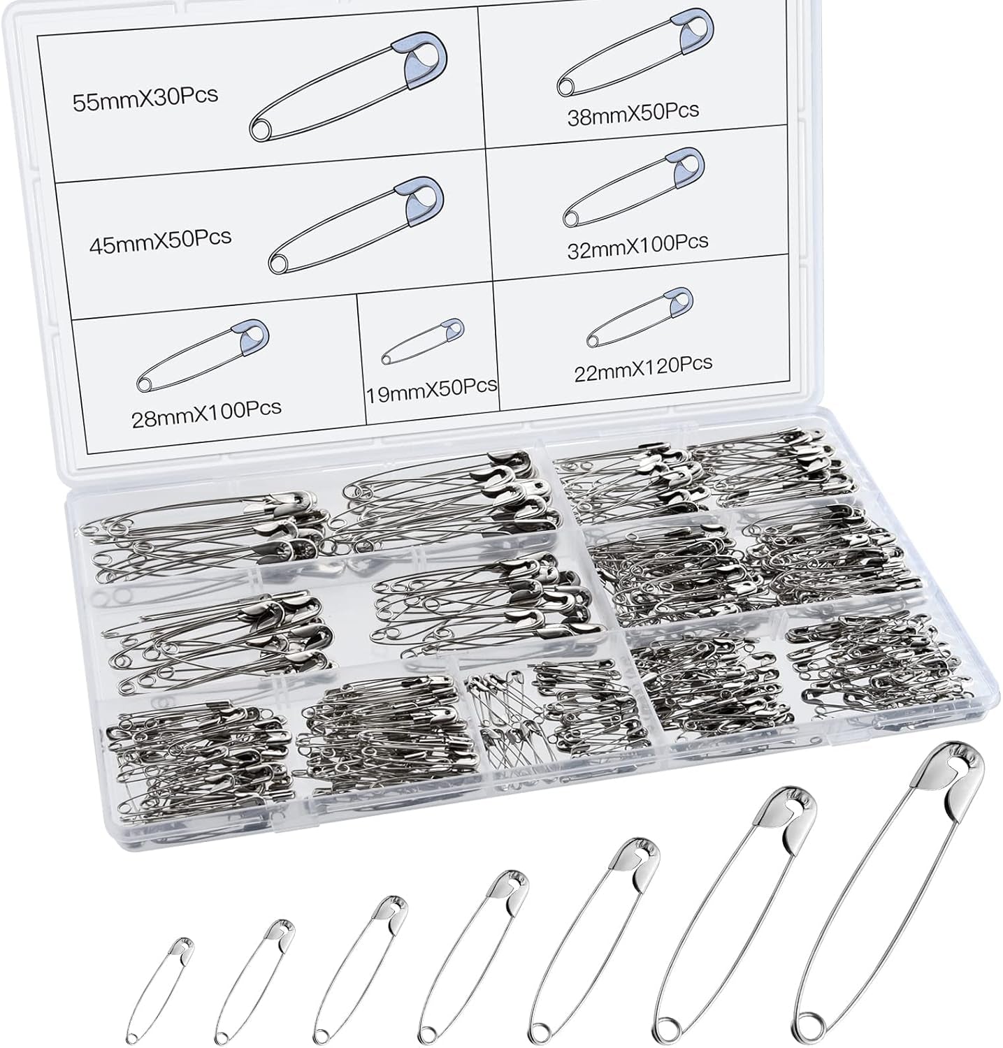 500 Pack Safety Pins, Assorted Safety Pins, Safety Pins Bulk, Rust-Resistant Nickel Plated Pins Nickel for Sewing, Craft Arts, Clothes (7 Size)