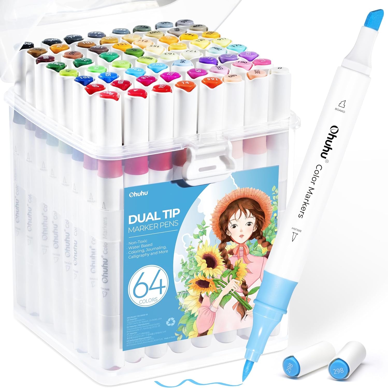 Markers for Adult Coloring Books: 64 Colors Art Markers Dual Brush Chisel Tips Drawing Pens Water-Based Coloring Markers for Kids Adults Calligraphy Sketching Bullet Journal with Storage Case