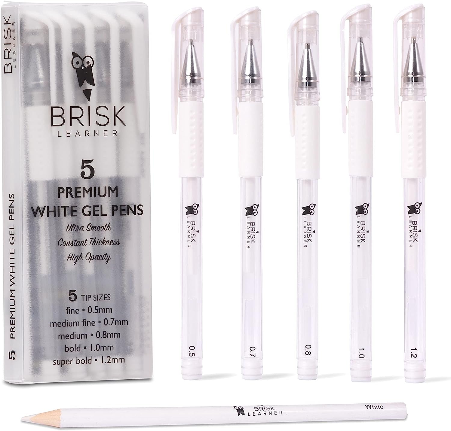 5 White Gel Pen - 5 Tip Sizes 0.5, 0.7, 0.8, 1.0, 1.2Mm for Art, Drawing, Journaling, Watercolor, Black Paper - White Graffiti Ink for Artists - Free White Pencil