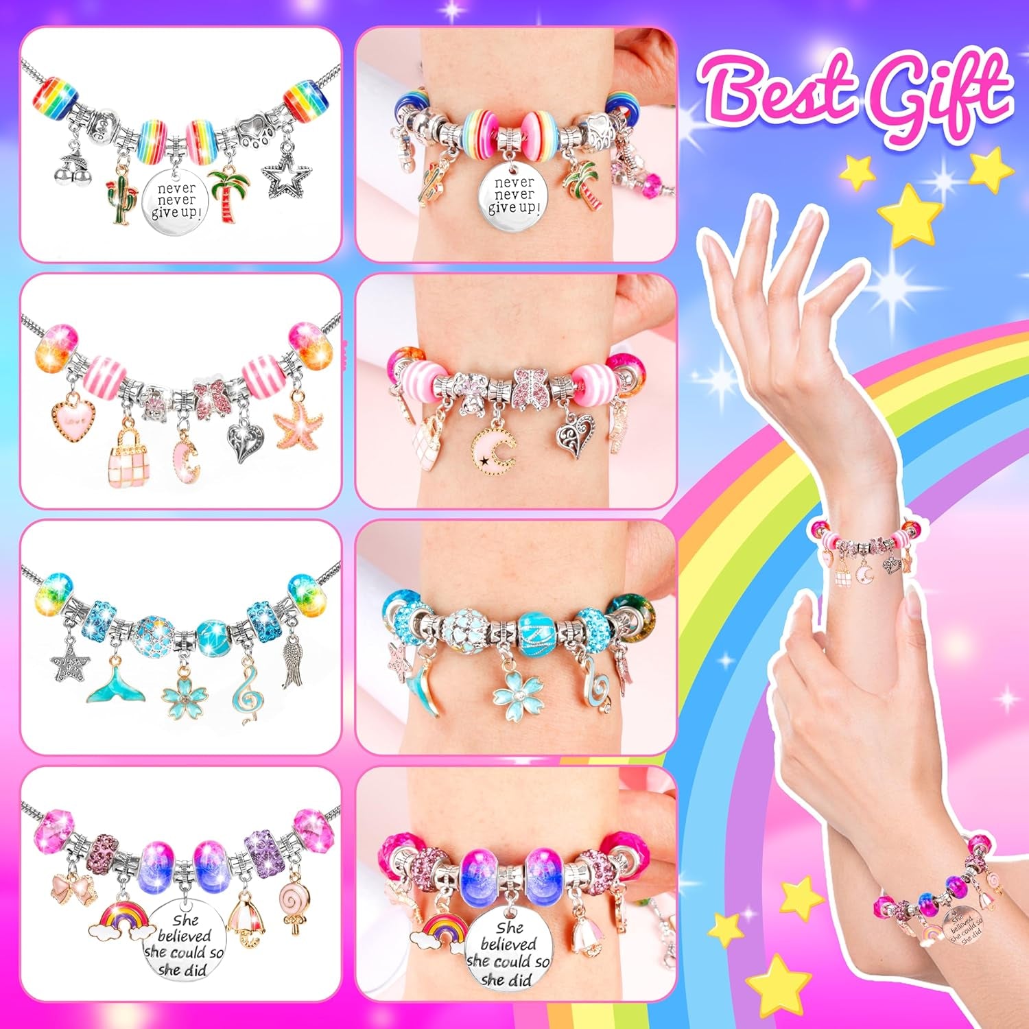 130 Pcs Charm Bracelet Making Kit, Jewelry Toy for Girl Age 8-12 Beads Craft Set for 5 6 7 8 9 10 11 12 Year Old Teenage Birthday Gift