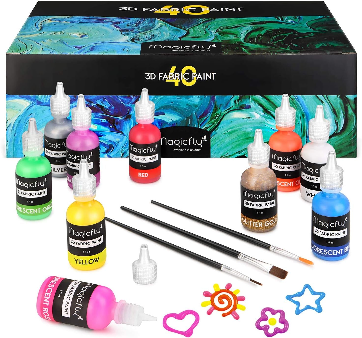 3D Fabric Paint,  40 Colors Permanent Textile Paint with 3 Brushes and Stencils, Permanent Fabric Paint with Fluorescent, Glow in the Dark, Glitter, Metallic Colors for Clothing, T-Shirt, Glas
