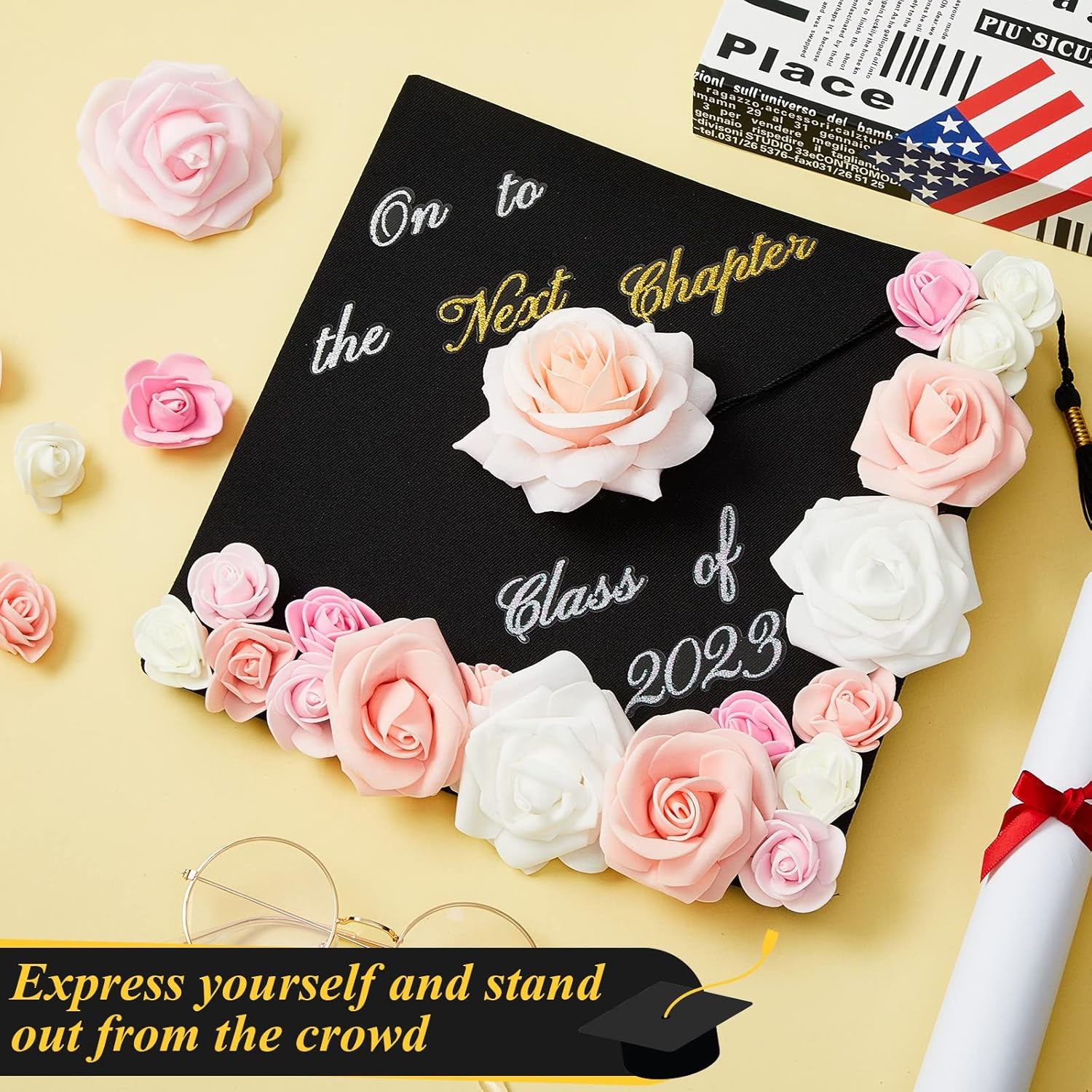 39 Pcs Graduation Cap Decorations Kit Include 29 Faux Flowers Heads Glue Gun 6 Glue Sticks 3 Sheets Glitter Quotes Cap Topper Decoration Kit for Graduation DIY (Cap Not Included)