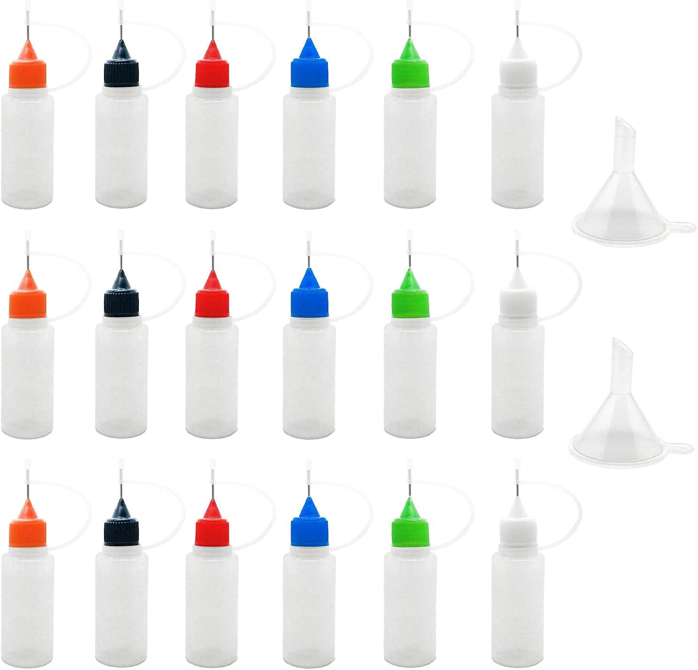18 Pcs Precision Tip Applicator Bottles, 0.5 Ounce Translucent Glue Bottles, with 2 Funnel, Multicolor Lids