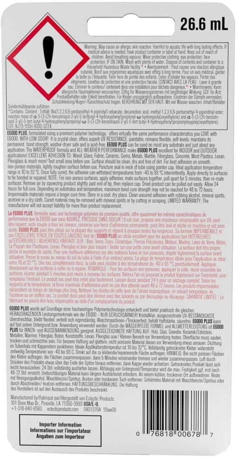 Eclectic Products Inc. plus Multi-Purpose Clear Glue, Waterproof and Paintable, Strong Flexible Craft Adhesive for Wood, Glass, Fabric, Ceramic, Metal and More, 26.6Ml