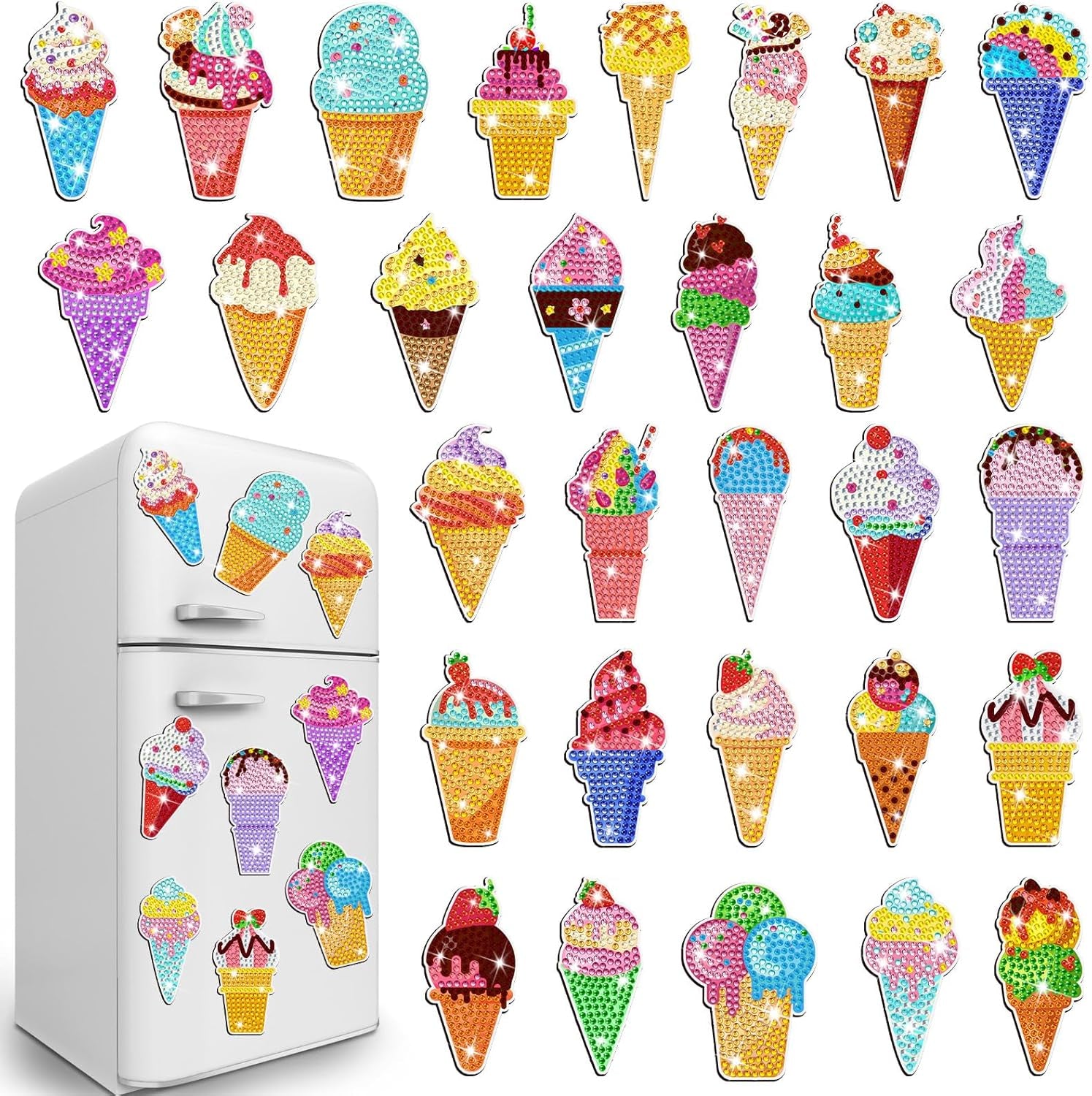 30 Pcs Ice Cream Diamond Painting Magnets, Glitter Magnet Diamond Painting Kits Diamond Painting Stickers Fridge 5D Diamond Art Magnets Crafts Home Decoration Gift