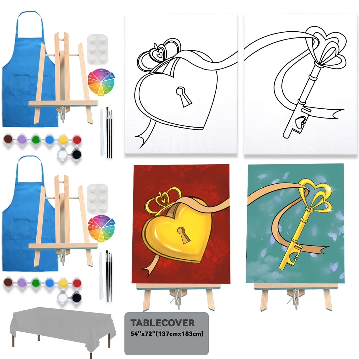 2 Pack Paint and Sip Canvas Painting Kit Pre Drawn Canvas for Painting for Adults Stretched Canvas Couples Games Date Night Lock Key Paint Party Anniversary Valentine&#39;S Day (8X10)