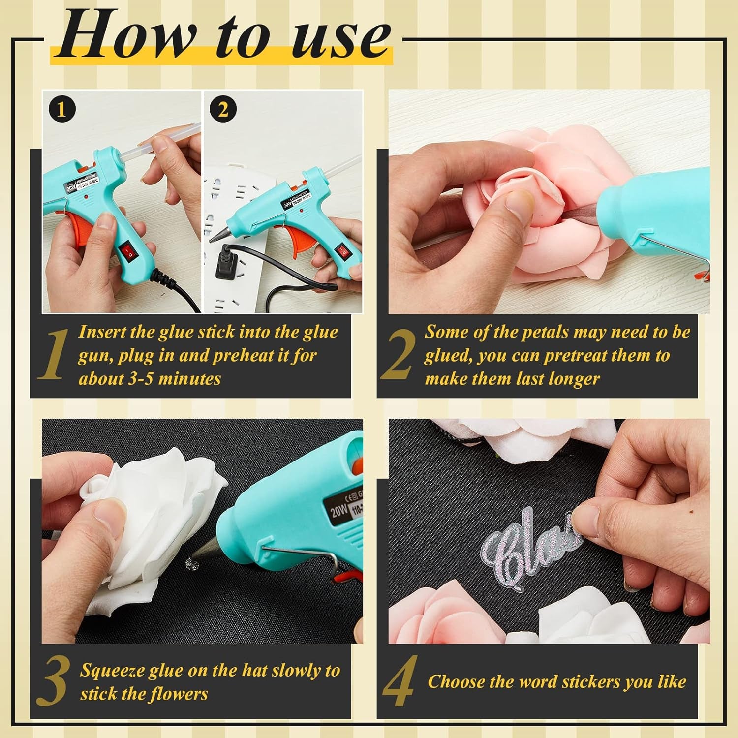39 Pcs Graduation Cap Decorations Kit Include 29 Faux Flowers Heads Glue Gun 6 Glue Sticks 3 Sheets Glitter Quotes Cap Topper Decoration Kit for Graduation DIY (Cap Not Included)