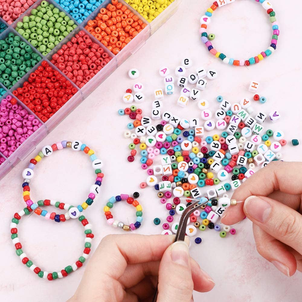 7200Pcs Seed Beads for Friendship Bracelet Kit, 4Mm Glass Bracelet Beads Kit and 300Pcs Letter Beads for Jewelry Making, Necklaces, Craft Gifts