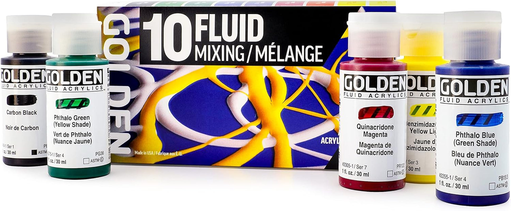 Fluid Acrylics by GOLDEN, 10 X 1 Fl. Oz.(30 Ml) Bottles, Fluid Mixing Set, Professional Acrylic Paint, 10 Colors