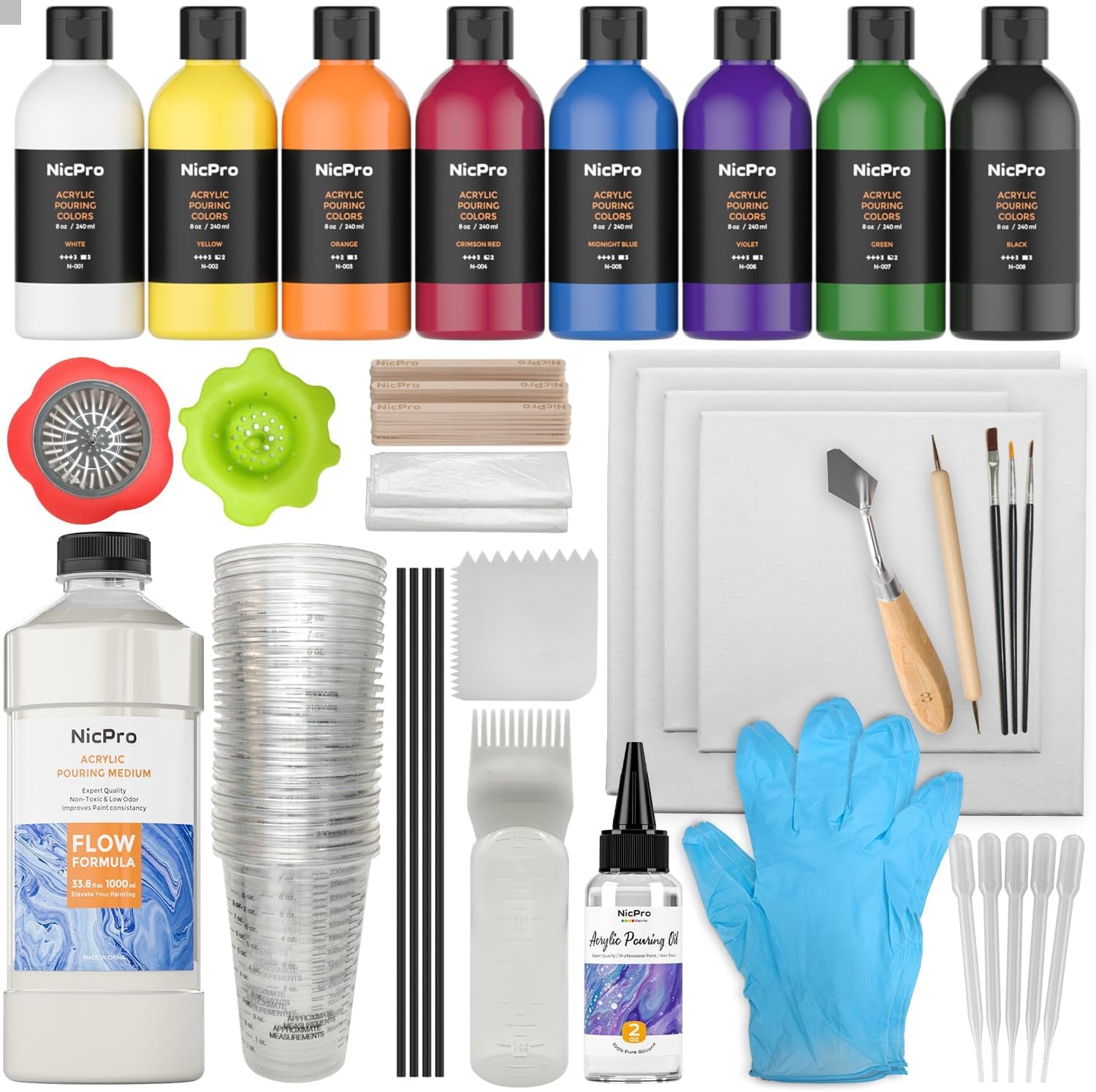 Acrylic Pouring Kit, Artist Starter Supplies Including 19 Colors Acrylic Paints,Pouring Medium, Silicone Oil, Canvases, Gloves, Strainers, Mixing Stick, Instructions for Flow DIY Painting