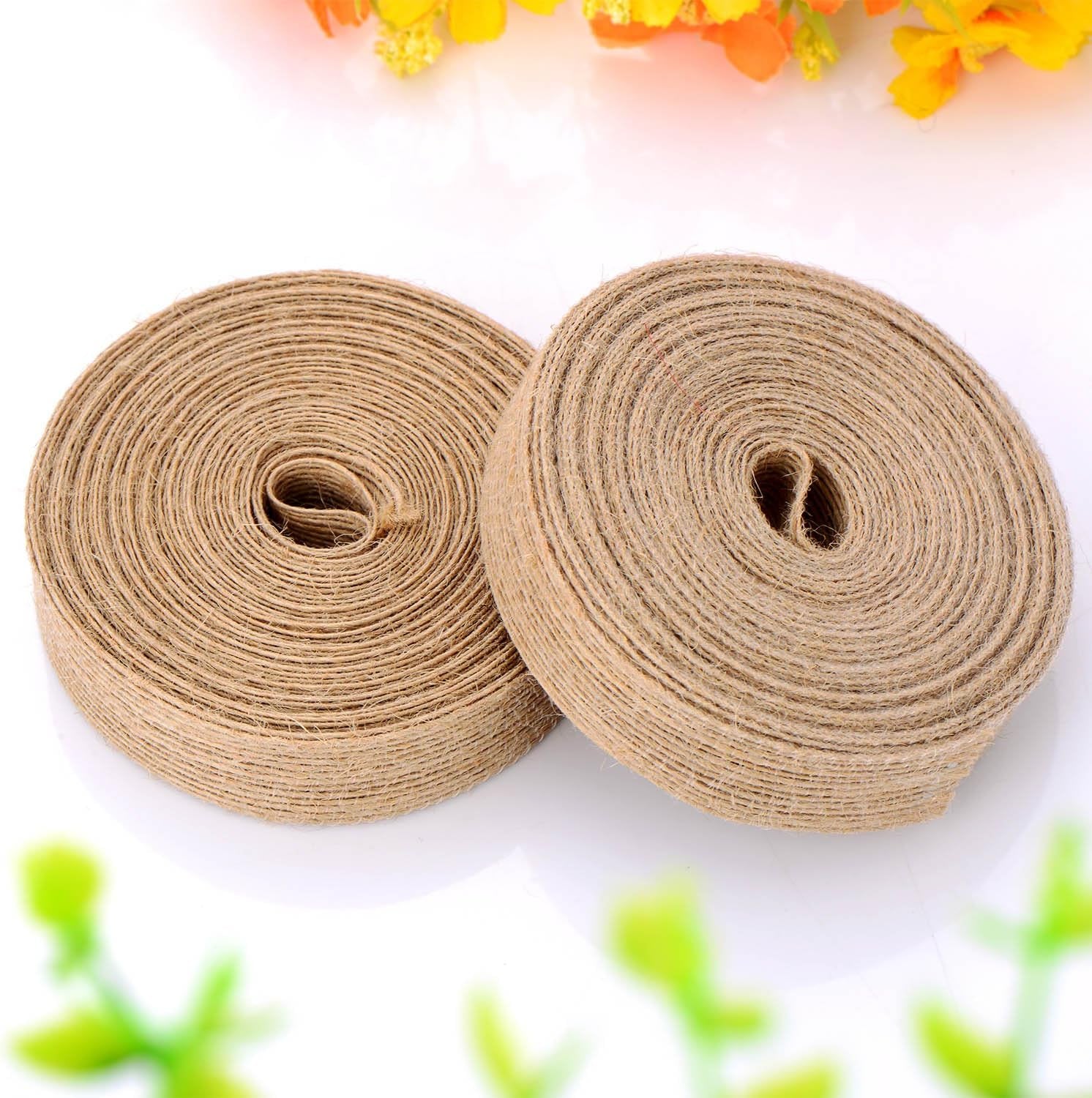 2 Rolls Natural Burlap Fabric Ribbon Wedding Events DIY Craft Ribbon Brown Rustic Ribbon for Floral Garland Scrapbook Wrapping Home Decor, 10 Meters Each Roll