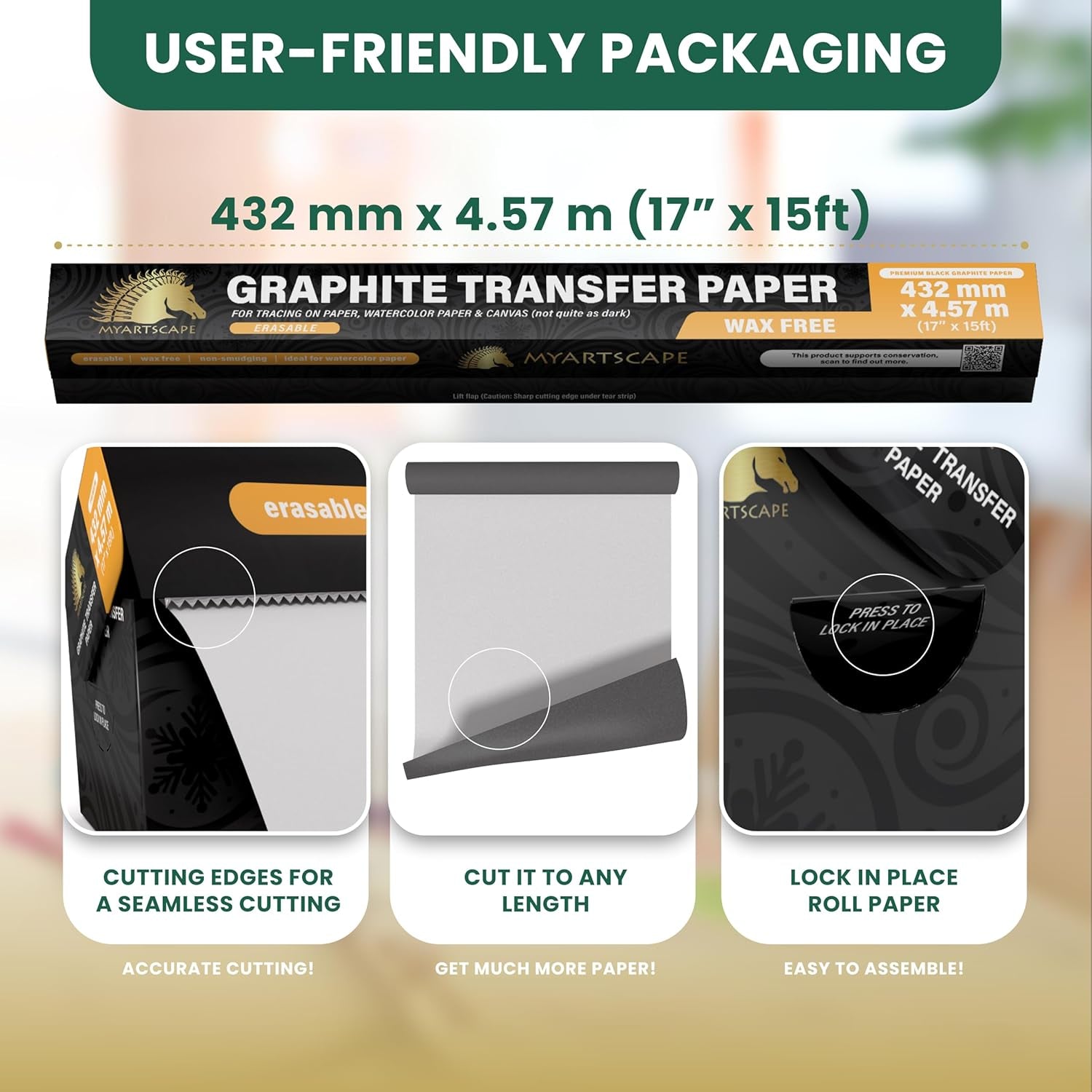 Graphite Transfer Paper Roll, Wax-Free, 17" X 15Ft Transfer Paper Roll, Graphite Paper, Precise Carbon Paper Ideal as Tracing Paper for Drawing