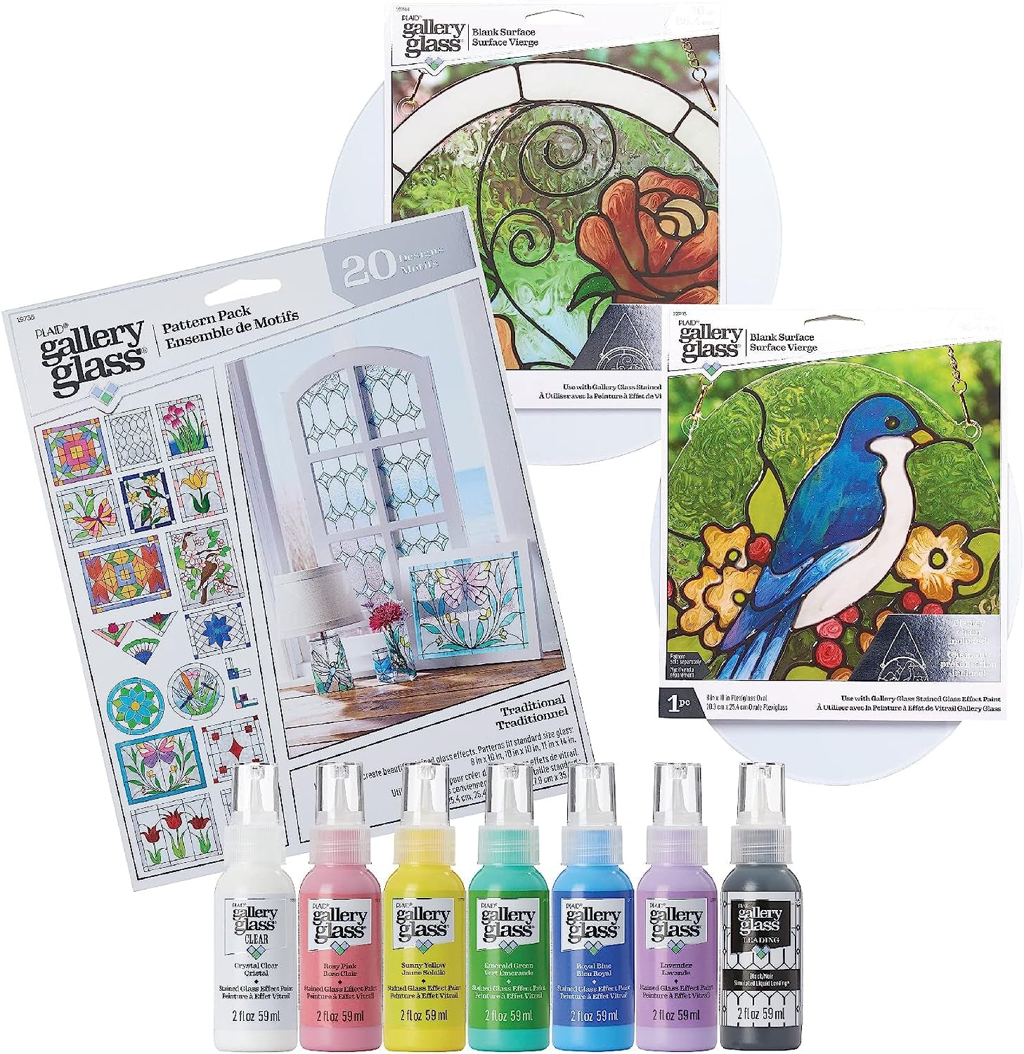 PROMOGGSTR22 Stained Glass Painting Starter Kit, 10 Piece Set Including 6 Colors, 1 Bottle of Liquid Leading, 2 Plastic Surfaces and 1 Pattern Pack of 20 Molds