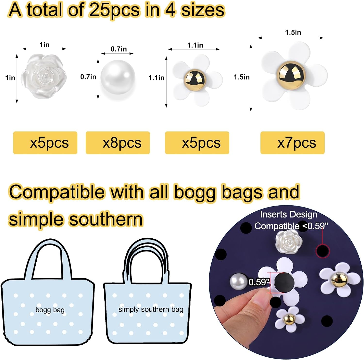 25PCS Flower Charms for Bogg Bag Accessories, Decoration Accessories for Bogg Bag Original All Models, Charms Compatible with Simply Southern Totes, Insert for Beach Tote Bag (A)