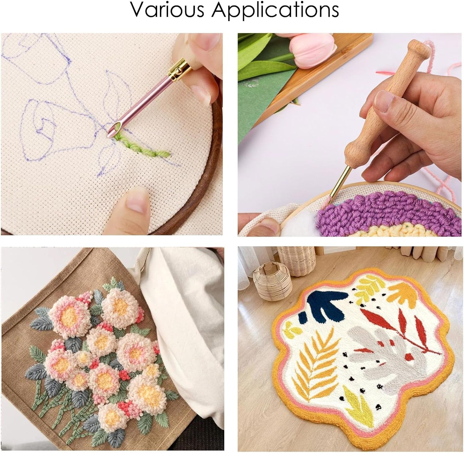 16 Piece Punch Needle Kit Punch Needle Embroidery Kits Adjustable Punch Needle Tool, Wooden Handle Embroidery Pen, Punch Needle Cloth, Punch Needle Set for Embroidery Floss Cross Stitching Beginner