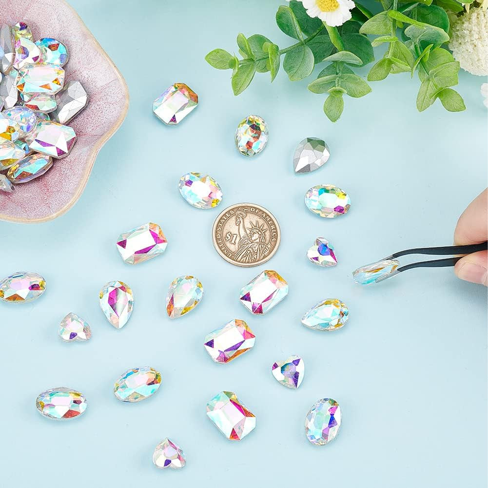 64 Pcs 4 Shapes Pointed Back Rhinestone Glass Rhinestones Gems AB Color Rectangle/Teardrop/Heart/Oval Jewels Embelishments with Silver Plated Back Crystals Rhinestones for Jewelry Making