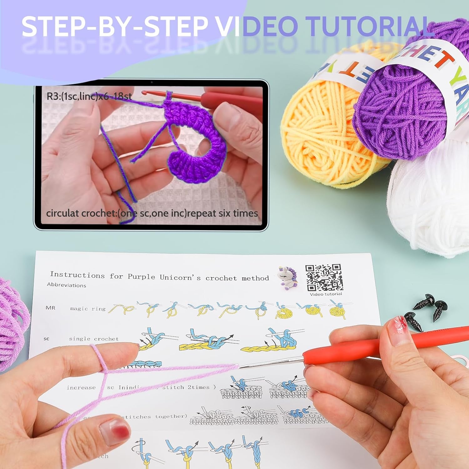 6Pcs Crochet Starter Kit Beginner for Adults - Knitting Kit for Adults and Kids Beginners - Amigurumi Crocheting Animals Kits with Step-By-Step Video Tutorials Dinosaur, Rainbow Bee, Unicorn