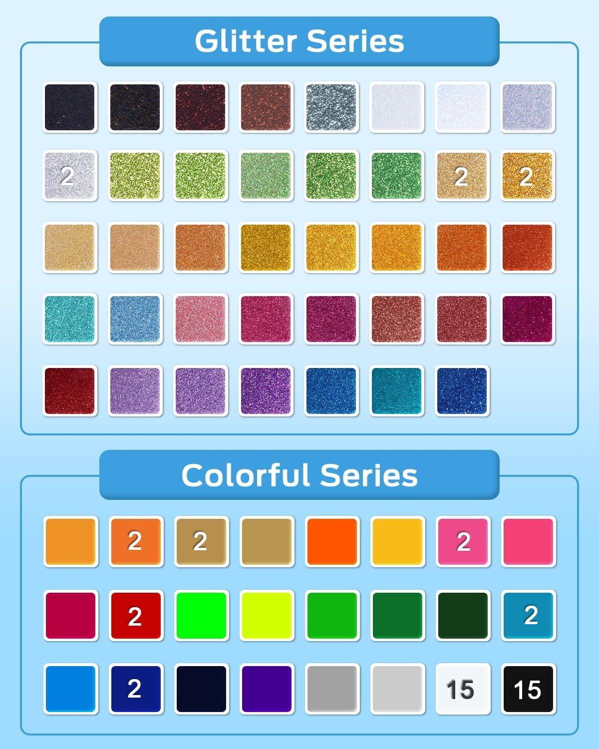 Heat Transfer Vinyl 12" X 10" - 100 Sheets 63 Assorted Colors Glitter and Matte Bulk HTV Iron on Vinyl for Cricut/Cameo Bundle, DIY Shirts, Bags, Socks, Pillow - Washed and Easy to Cut & Weed